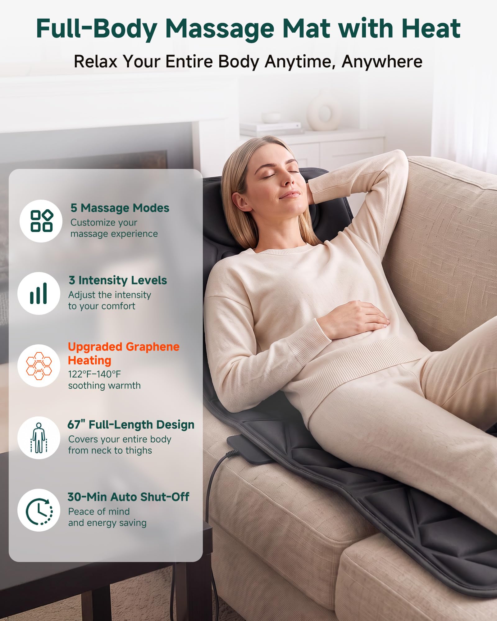 SNAILAX Massagematte mit Wärmefunktion, 10 Vibrationsmotoren und 6 Therapieheizkissen, elektrisches Ganzkörpermassage