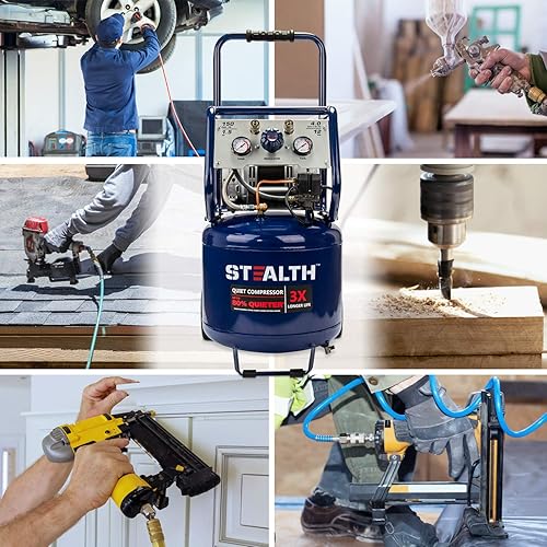 Miniatura 7 de Stealth Compresor de aire ultra silencioso de 12 galones, 1.5 HP sin aceite pico 150 PSI 68 decibeles, 5 CFM @ 40 PSI 4 CFM @ 90 PSI compresor de