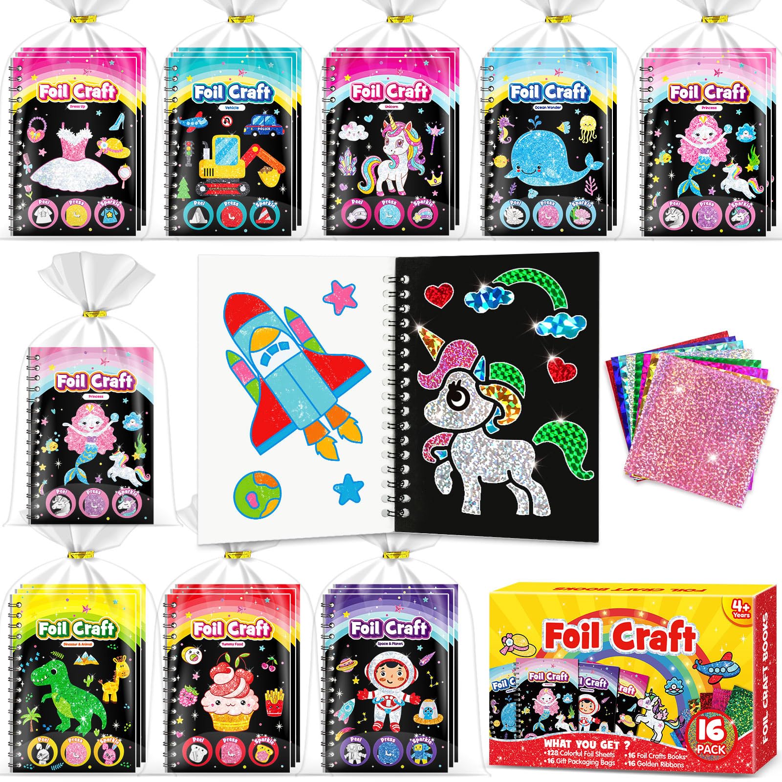 LIKYMO Foil Art - Party Bag Fillers for Kids, Foil Craft Books, No Mess Art and Craft for Kids, DIY Creative Activity, Travel Toys, Girls Boys Gifts for Ages 4-9 (R-16 PCS)