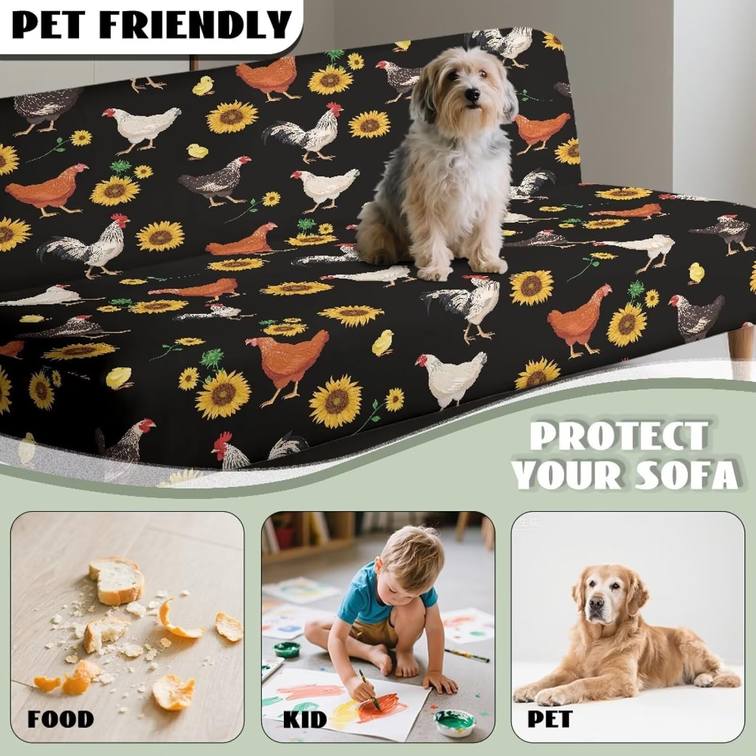 Chicken Sunflower Armless Futon Covers Full Size Stretch Sofa Bed Slipcover with Non-Slip Elastic Bottom, Thick Futon Mattress Cover Soft Washable Spandex Protector