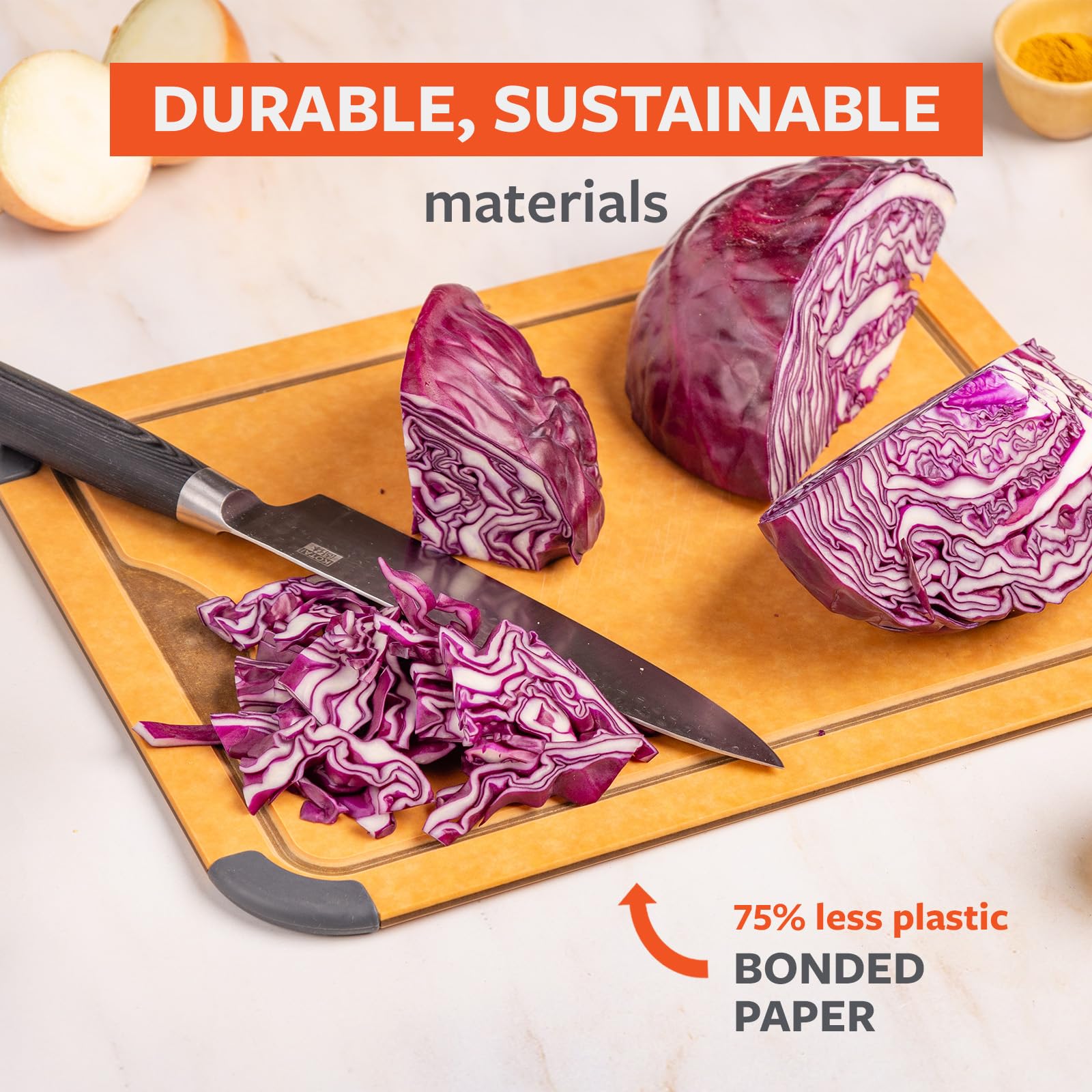 Full Circle Chop to It Everyday - Tabla de cortar de 11 x 14 pulgadas, apta para lavavajillas, reversible y ligera, papel kraft unido, patas antideslizantes con ranura para jugo