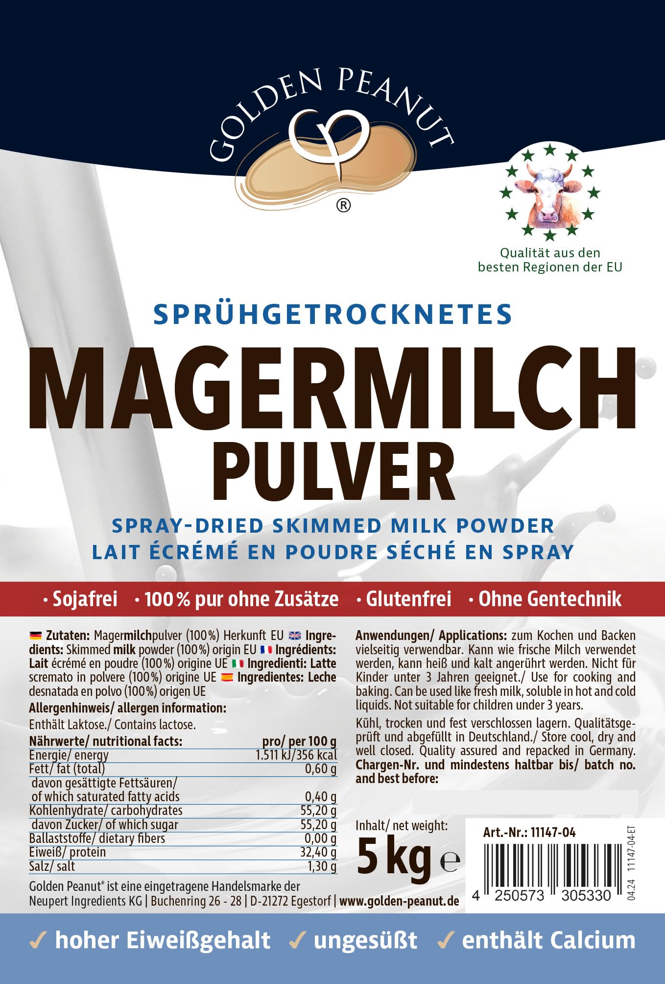 GOLDEN PEANUT Magermilchpulver 5 kg fettarm sprühgetrocknet lange haltbare Eisherstellung