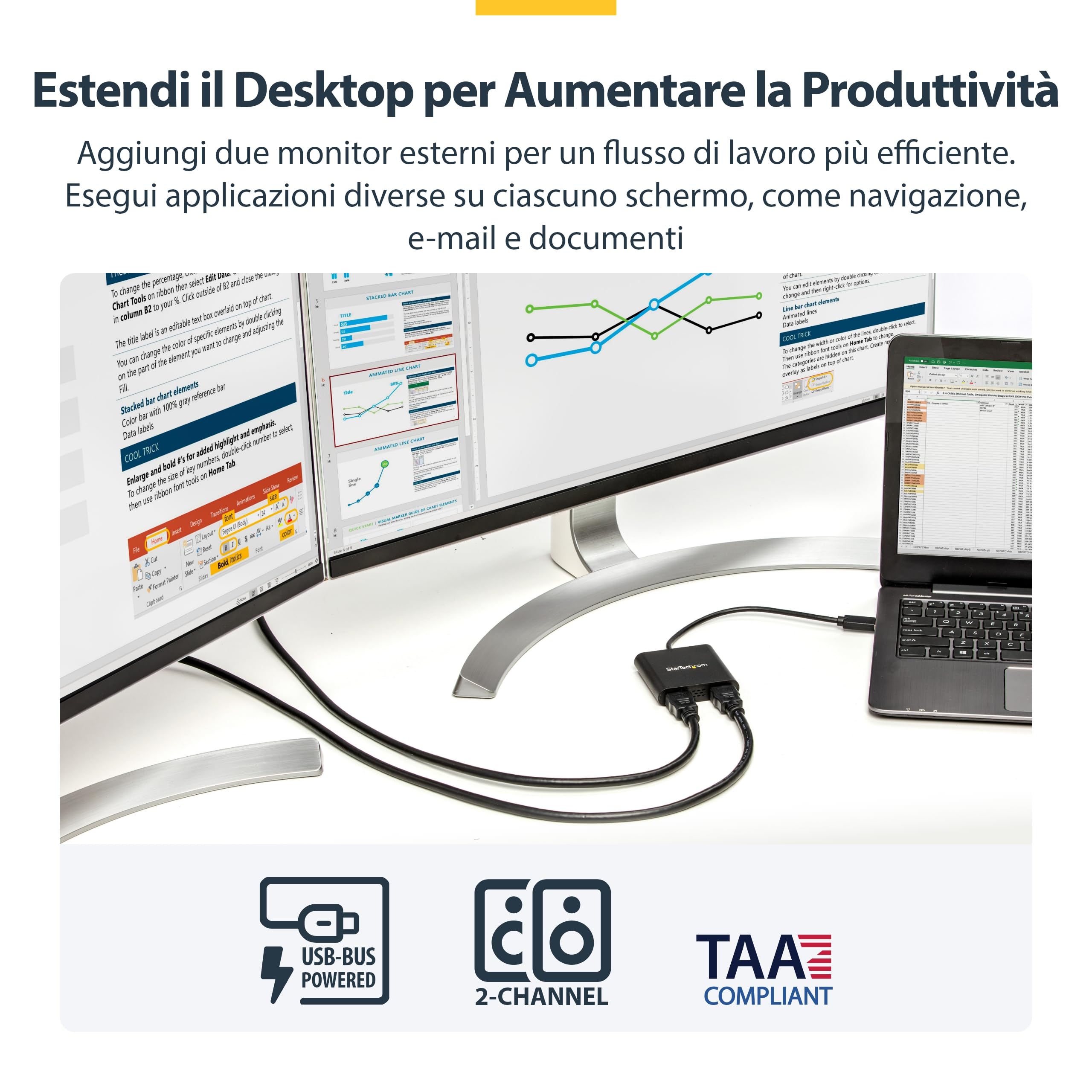 StarTech Adattatore USB-A 3.0 a Dual HDMI per Windows, Convertitore USB a 2x HDMI, 4K 30Hz + 1080p 60Hz, Estensione o Mirroring schermo doppio