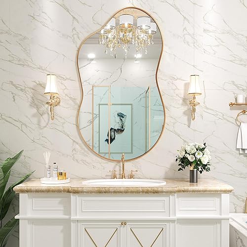 Fahomiss Espejo de pared pequeño Espejo de pared irregular de 20 x 36 pulgadas, espejo asimétrico dorado con marco de aleación de aluminio de