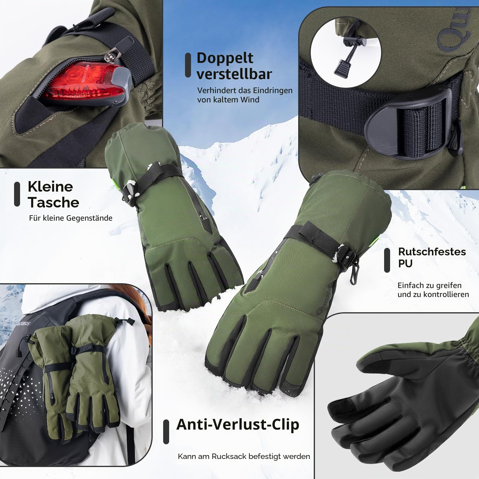 Ski Handschuhe Damen/Herren Thermo Winterhandschuhe Wasserdicht | Touchscreen Winddichte Schneehandschuhe XS-XL für Skifahren, Snowboarden, Wandern