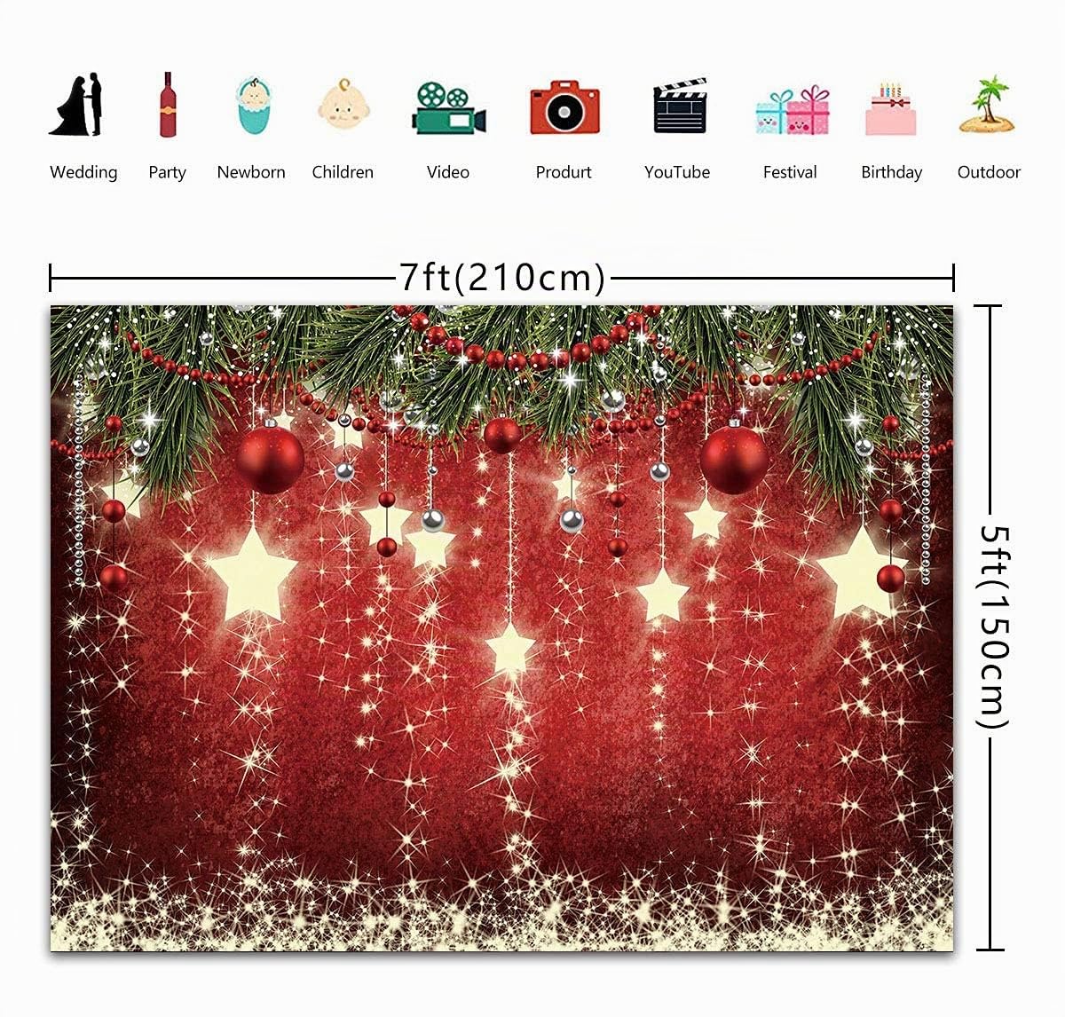 INRUI Sfondo fotografico natalizio rosso Stelle scintillanti per bambini (2,1 x 1,5 m)