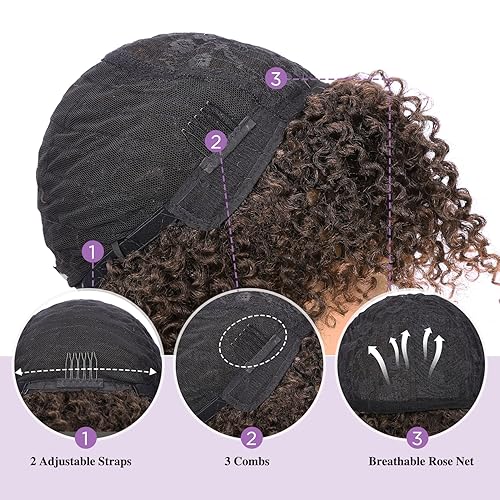 Miniatura 9 de Quantum Love Pelucas Cortas Rizadas Kinky con Raya Lateral Peluca Rizada Afro para Mujeres Negras Ombré Marrón Twist Out Pelucas Sintéticas