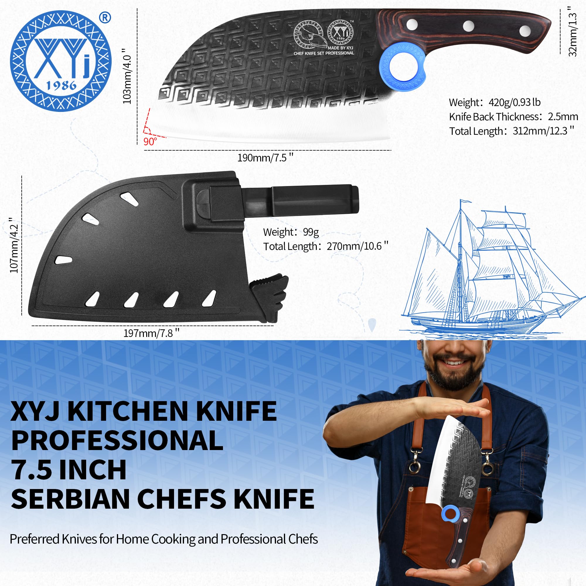 XYJ Autentico dal 1986, coltello da macellaio serbo con fodero, coltello da chef con verdure, manico in legno con fodero, per il campeggio all'aperto