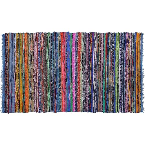 INDIAN ARTISTIC Multi Color Chindi Rag Rug 4X6 Hand Woven Rug & Reversible Rug |Recycled Cotton Chindi Rug for Living Room Kitchen | Rustic Rug | Cotton Rug | Runner Rugs (Blue Colour)