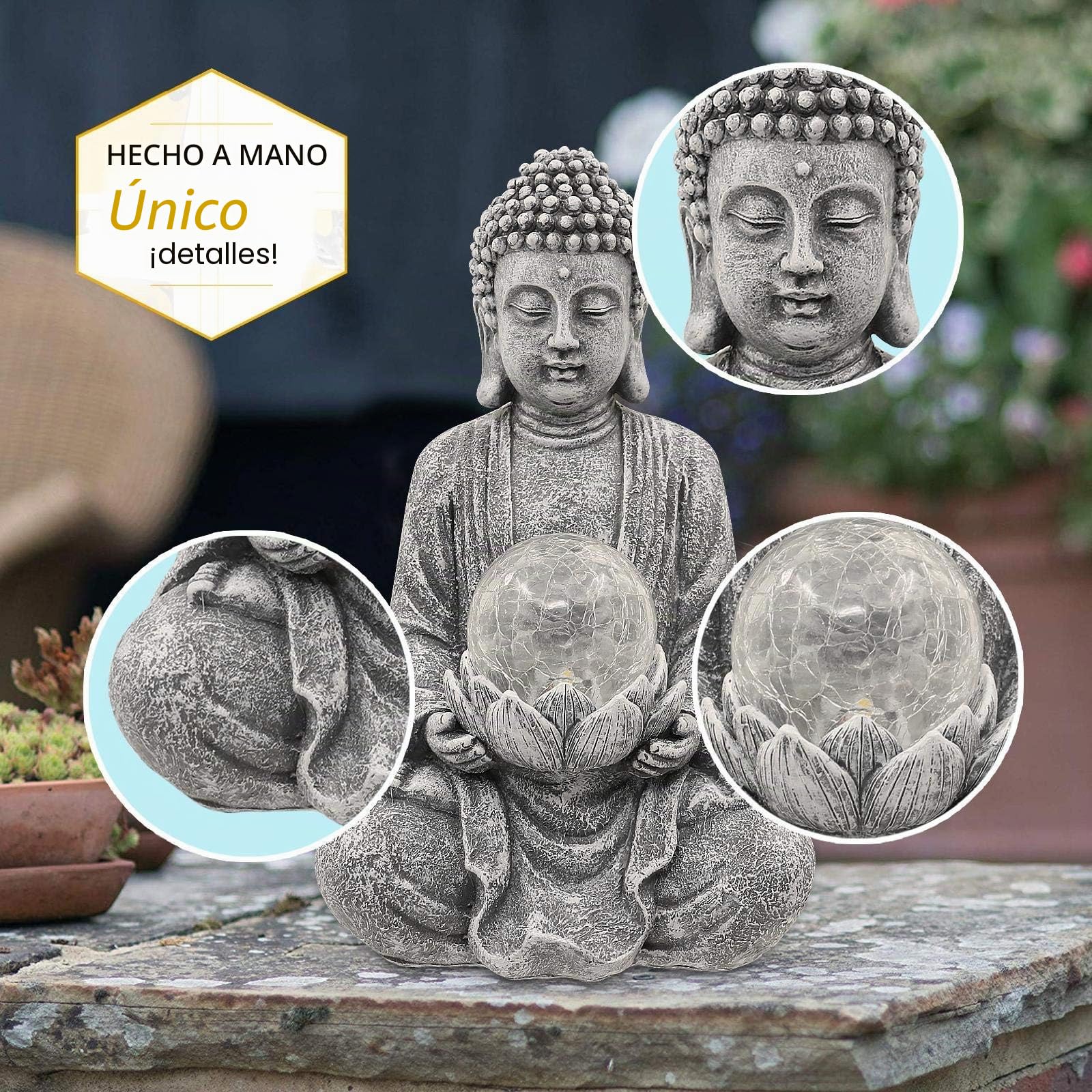 Goodeco Adorno de Buda meditando con luz solar, estatua de Buda de jardín solar zen con escultura de bola de vidrio agrietado, decoración de interiores y exteriores, porche, 26.5 cm (gris)