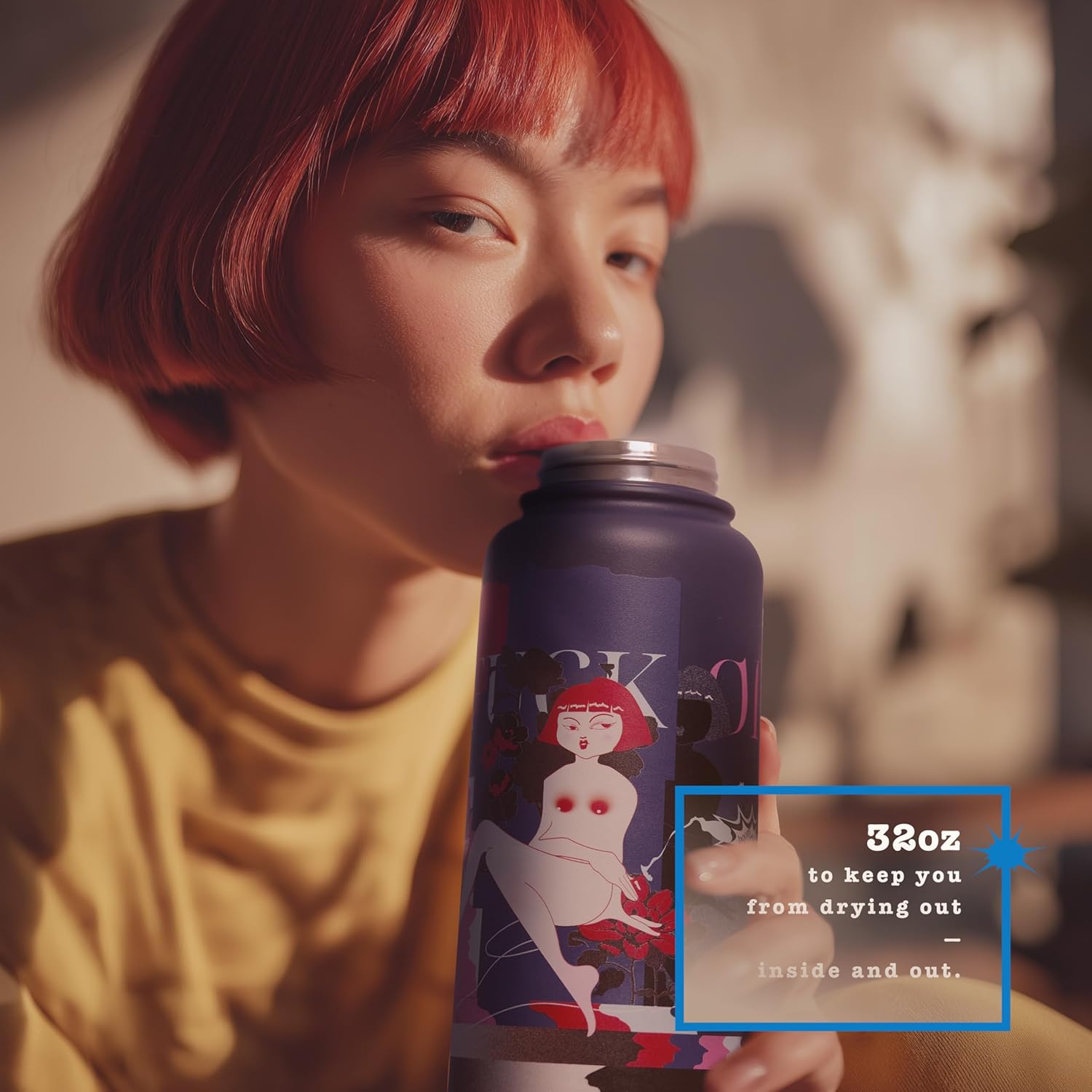 32oz Artistic Stainless Steel Water Bottle – “Not a fan of me?” Hand-Designed by Artist, Red-Haired Girl Art Print, Unique Gift for Creatives, Sport & Travel