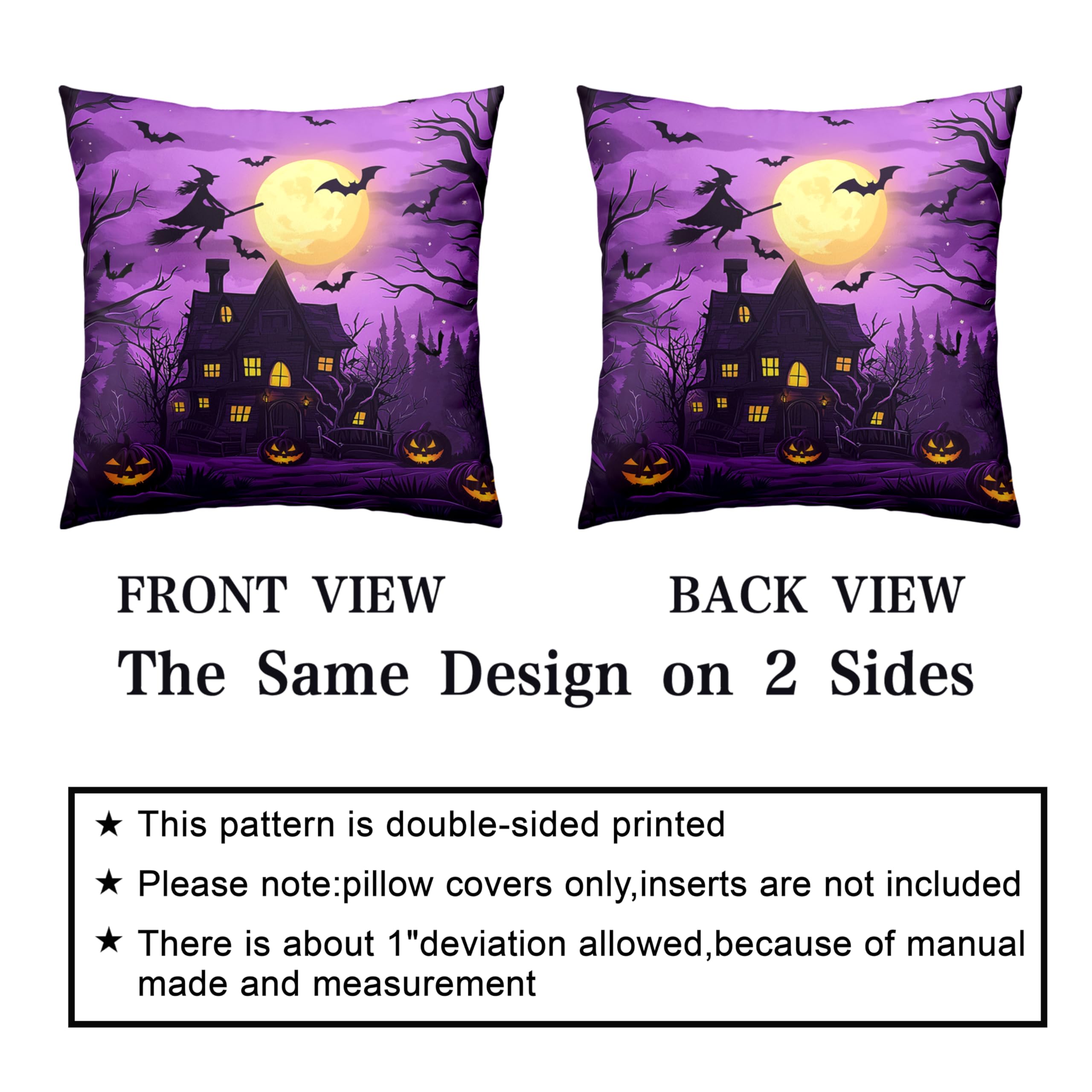 Lot De 2 Housses De Coussin 45x45 Cm,Halloween Ations, Spooky Sculpté Citrouille D'Halloween Pleine Lune Avec Chauves-souri,Housse Coussins De Canapé En Polyester Pour Taies D'oreiller De Canapé Salon