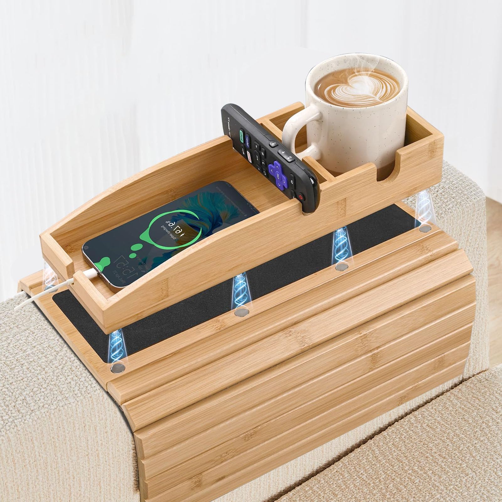 Plateau de bras de canapé anti-dérapant avec fixation magnétique stable