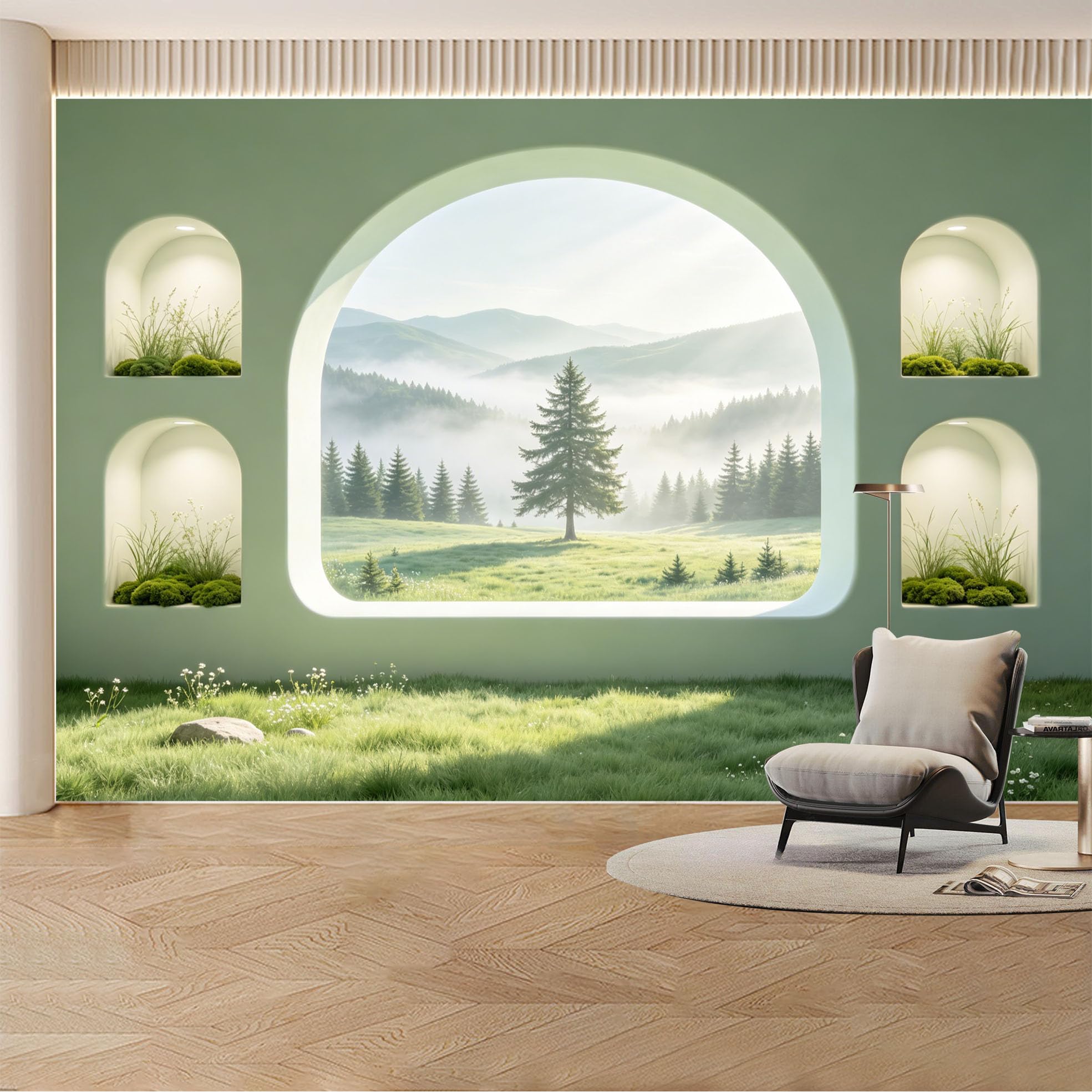 Custom Wall Mural Wallpaper Forest Meadow Landscape Nature Large Wall Art Mural Design Nordic Misty Removable SelfAdhesive Large Photo for Living Room， Bedroom， Office