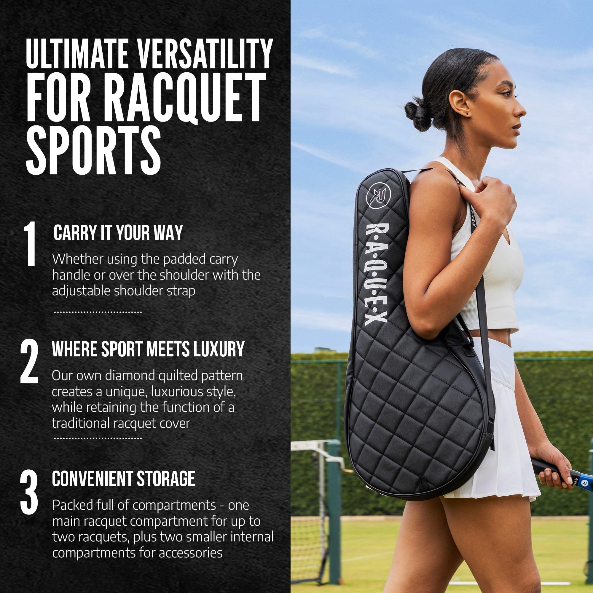 Raquex Elite Housse de protection pour raquette de tennis 2 – Sac avec poignée de transport et bandoulière – Housse matelassée en similicuir rembourré pour raquette de tennis – Noir – Cadeau de sport