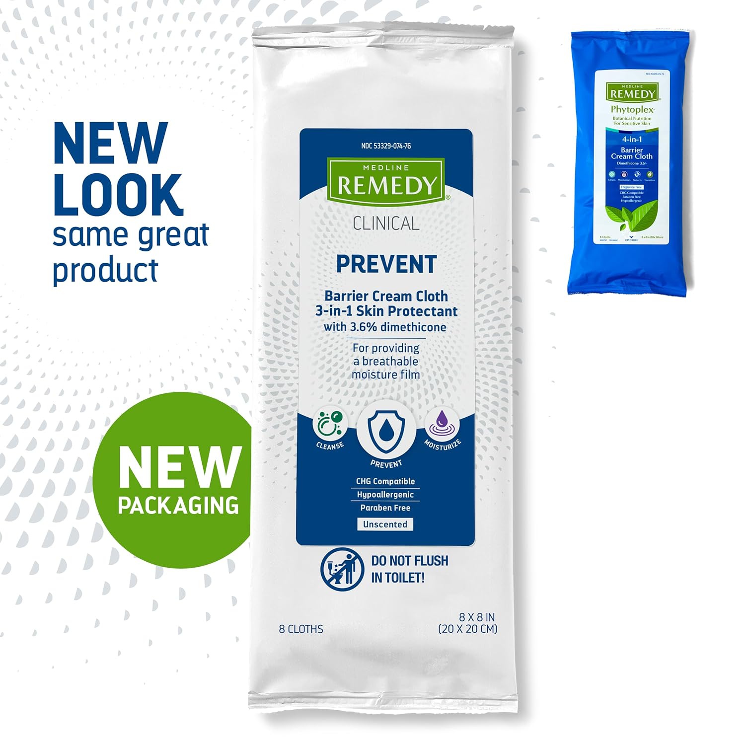Medline Remedy Phytoplex 4-in-1 Barrier Cream Cloths with Dimethicone, All in 1 Wipe for Incontinence Care, Fragrance Free (8 Count, 32 Packs)