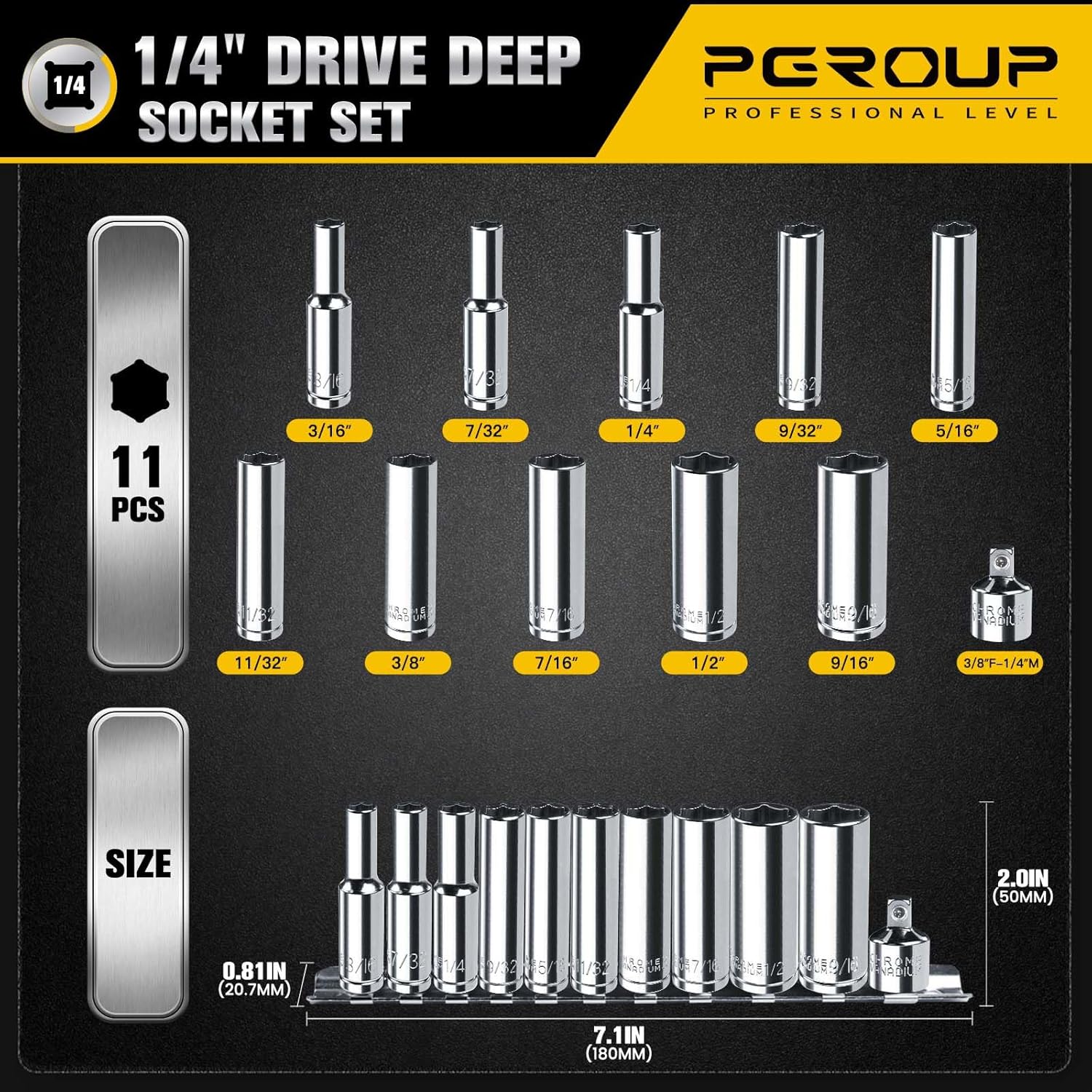 1/4” Drive SAE Socket Set, 11PCS Deep Hex Socket Set (3/16”-9/16”), Cover Most Commonly Sizes, Chrome Vanadium Steel with 3/8”F to 1/4”M Socket Adapter