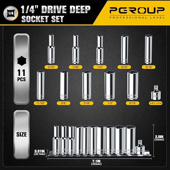 1/4 Drive SAE Socket Set, 11PCS Deep Hex Socket Set (3/16-9/16), Cover Most Commonly Sizes, Chrome Vanadium Steel with 3/8F to 1/4M Socket Adapter