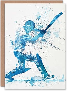 Artery8 Cricket Batsman Sport Action Shot Watercolour For Him Man Birthday Card