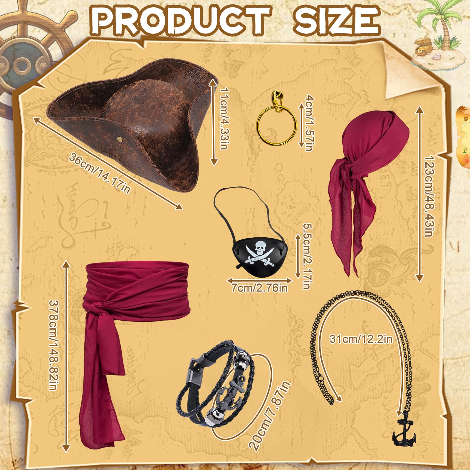 7 Pcs Pirate Costume Accessories Set for Women Men Pirate Fancy Dress pirate Accessories with Classic Tricorn Hat Red Bandana Belt Eye Patch Belt Necklace Bracelet Earring for Carnival Cosplay Party - Image 2