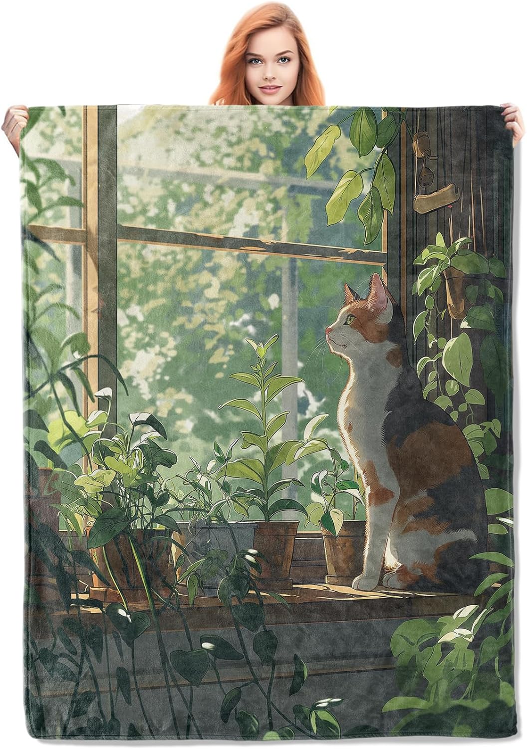 Calico Cat and House Plants Blanket, Cute Cat Flannel Throw Blankets,Soft Warm Lightweight Cozy Animal Kitten Plush Throws for Bedroom Sofa Office Home Decor Gifts for Women Girls 60"x50"