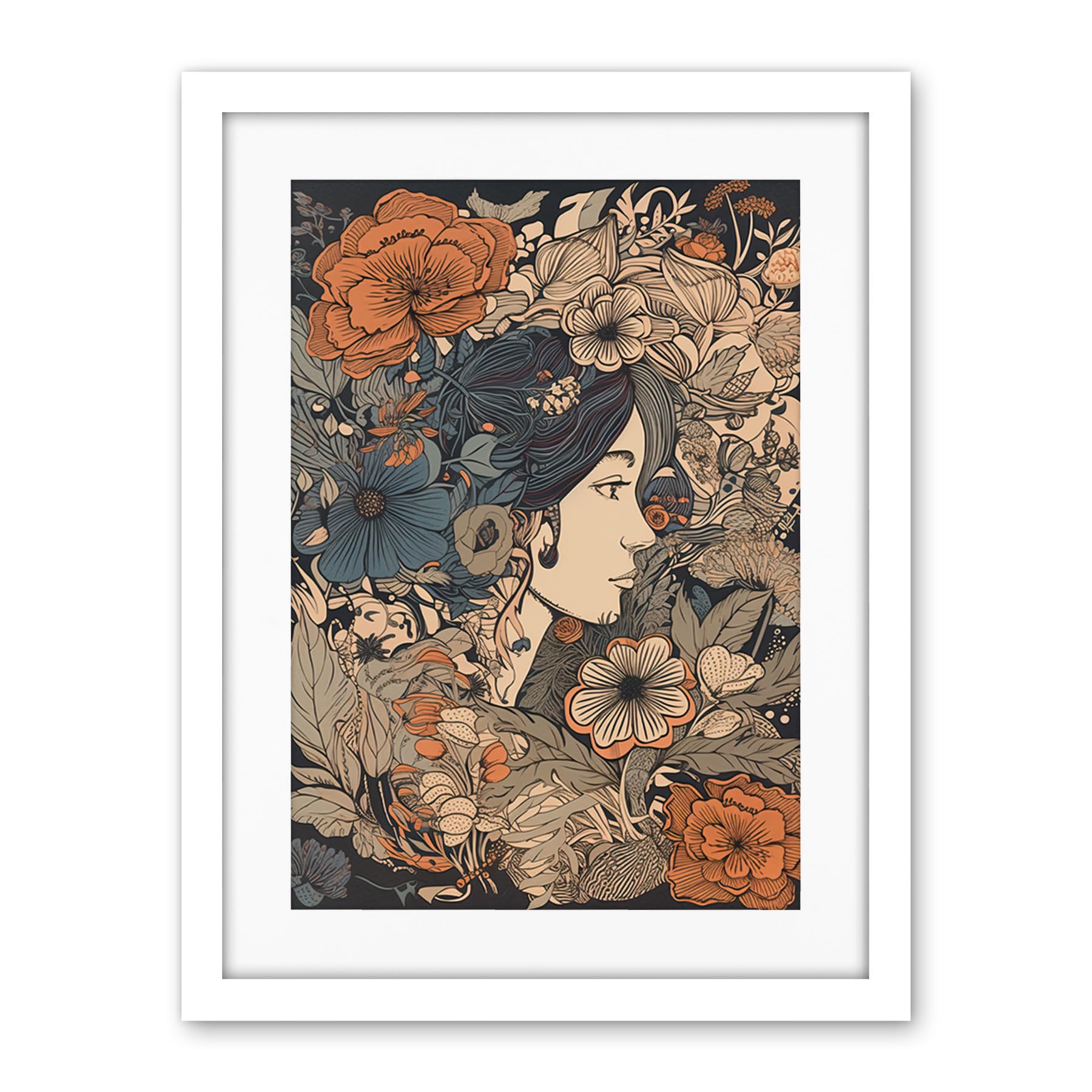 Artery8 Woman Floral Profile Portrait Boho Art Nouveau Artwork Framed Wall Art Print 18X24 Inch
