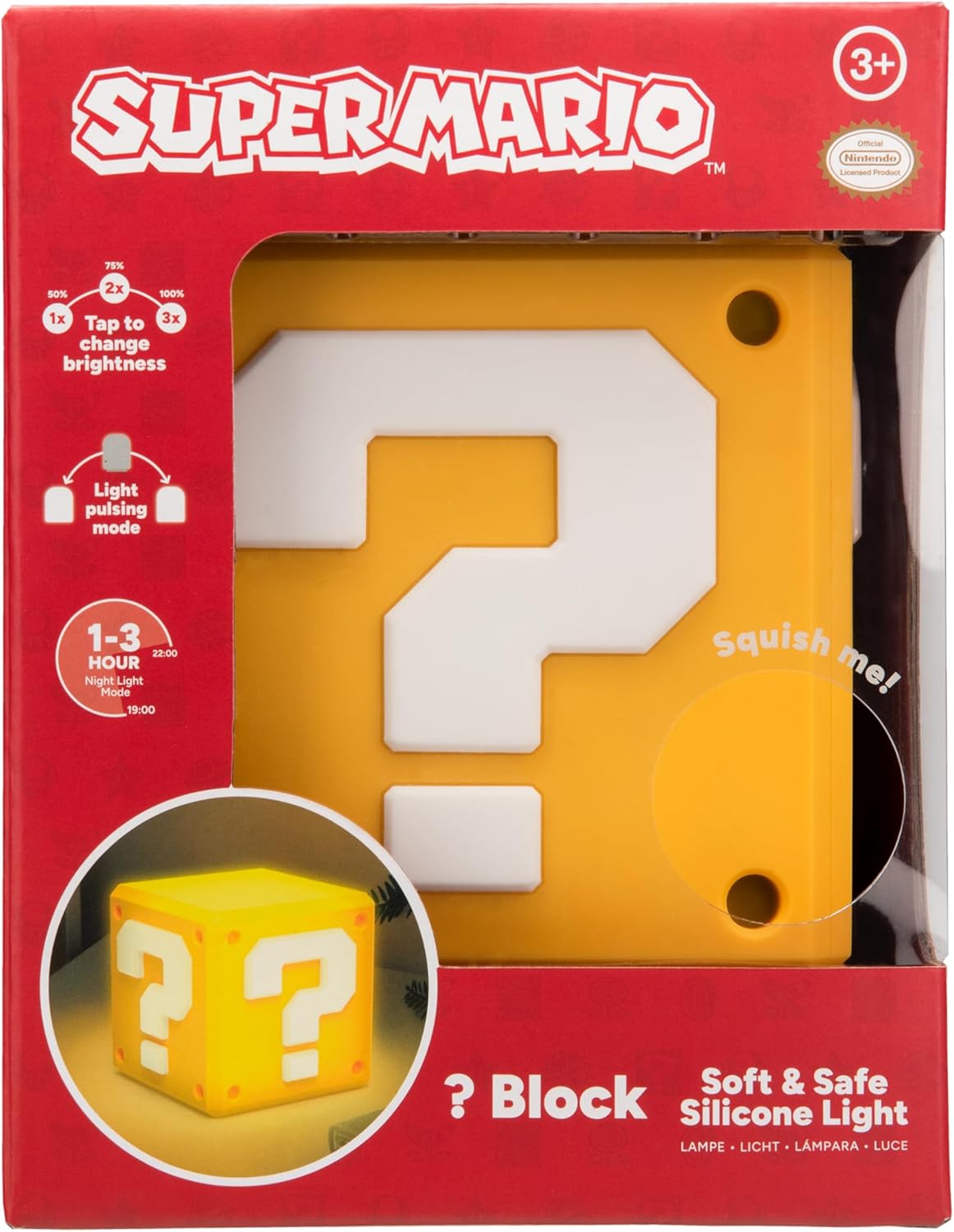 Paladone Super Mario Question Block SquishyGlo Light – Soft Silicone Night Light, Rechargeable LED Lamp, Official Nintendo Merchandise