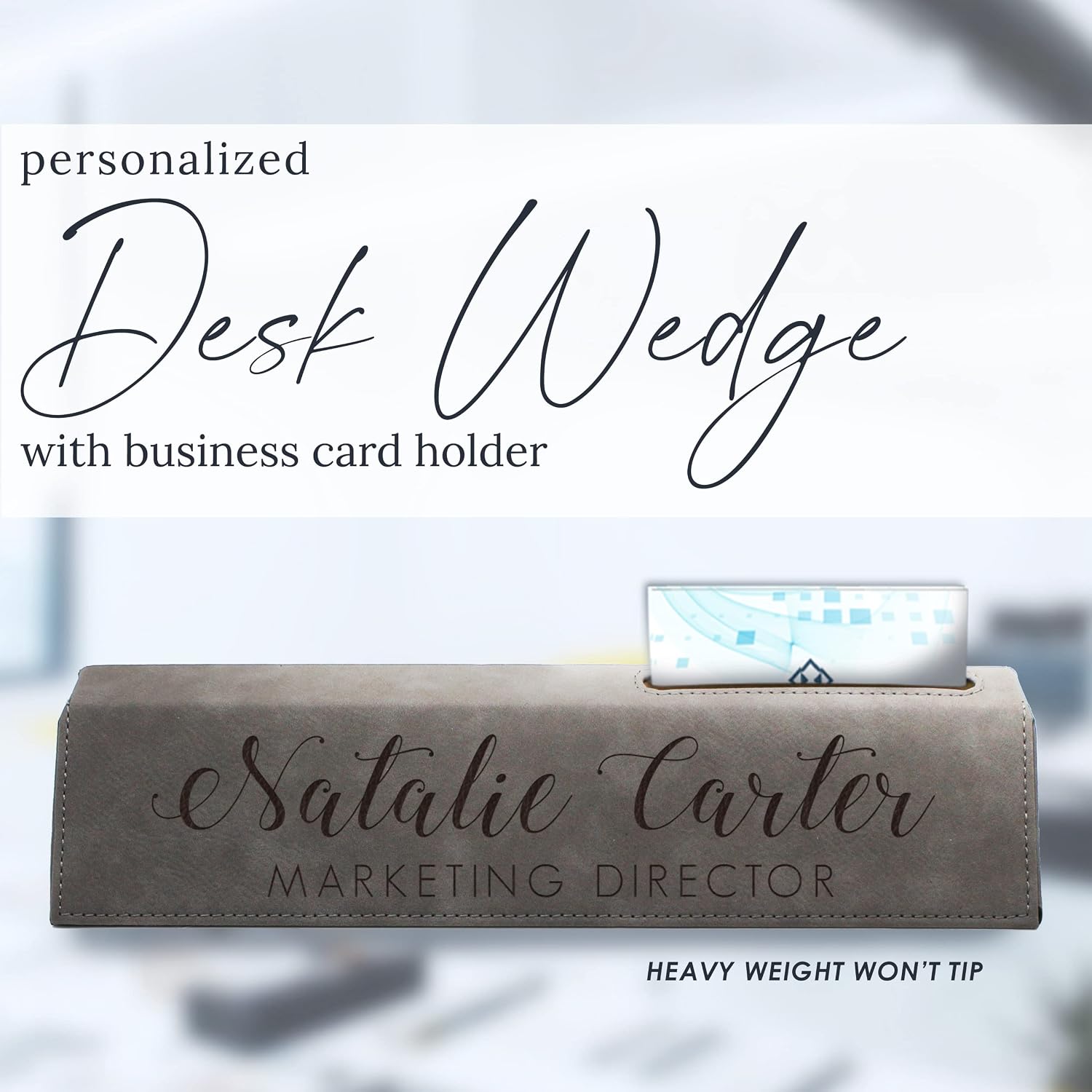 Custom Engraved Desk Name Plate - Personalized Desk Wedge with Business Card Holder (Gray)