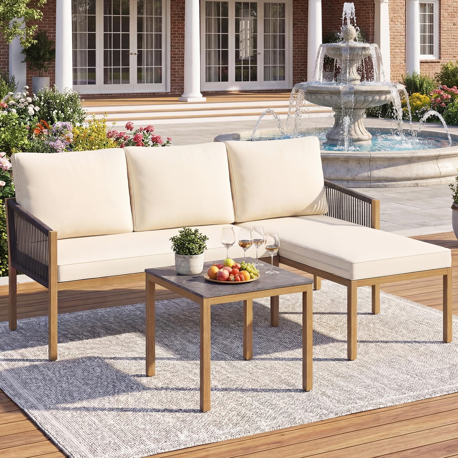 COSTWAY Set di Mobili da Giardino 3 Pezzi, Salotto da Esterno con 2 Divani Componibili a forma di L e Tavolino da Caffè, Set da Conversazione da Esterno con Cuscini Sfoderabili, per Patio e Terrazzo