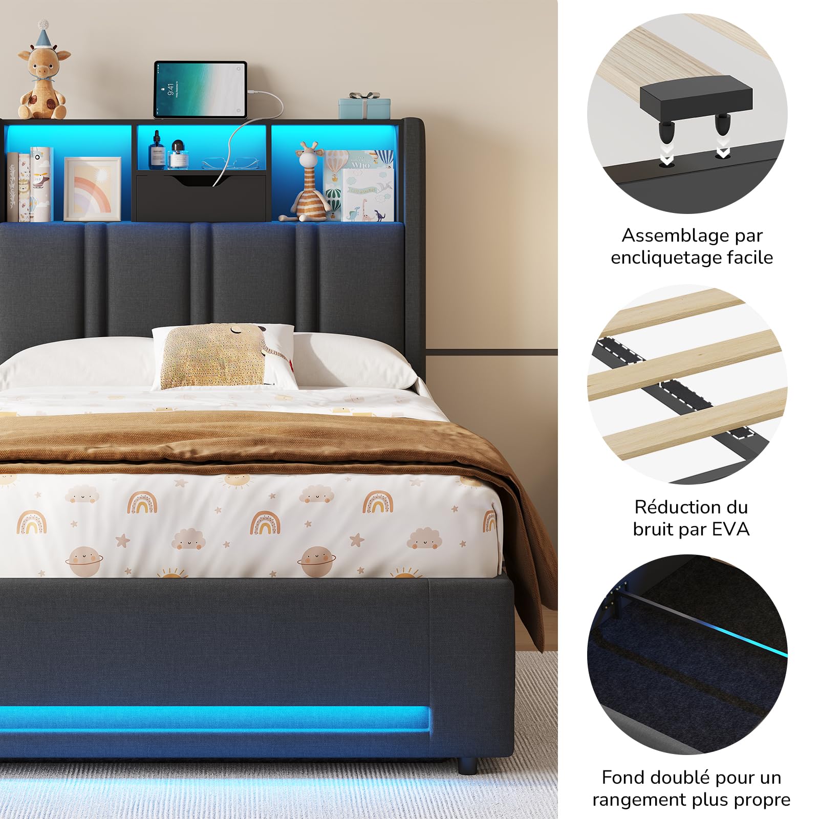 DICTAC Lit Coffre 90x200 Entièrement Rembourré 90x200 Gris avec Rangement – Sommier Relevable à Vérin, Tête de lit LED & Prises USB/Type-C – pour Enfant, Ado, Adulte