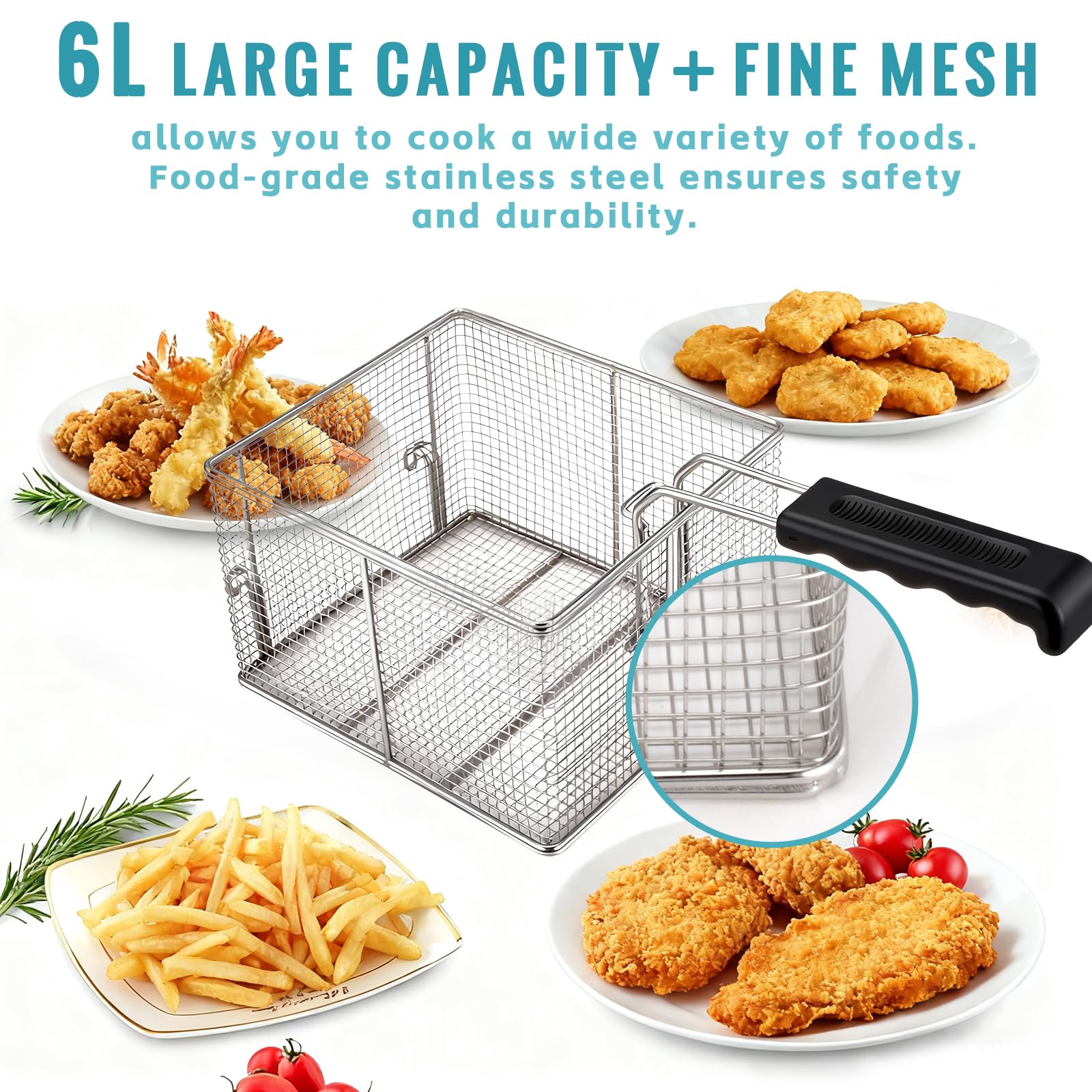 WaterElfo Cesta comercial para freidora, construcción de malla de acero inoxidable, 16.5 x 12 x 8.5 pulgadas, mango ergonómico, accesorio de cocina de grado profesional