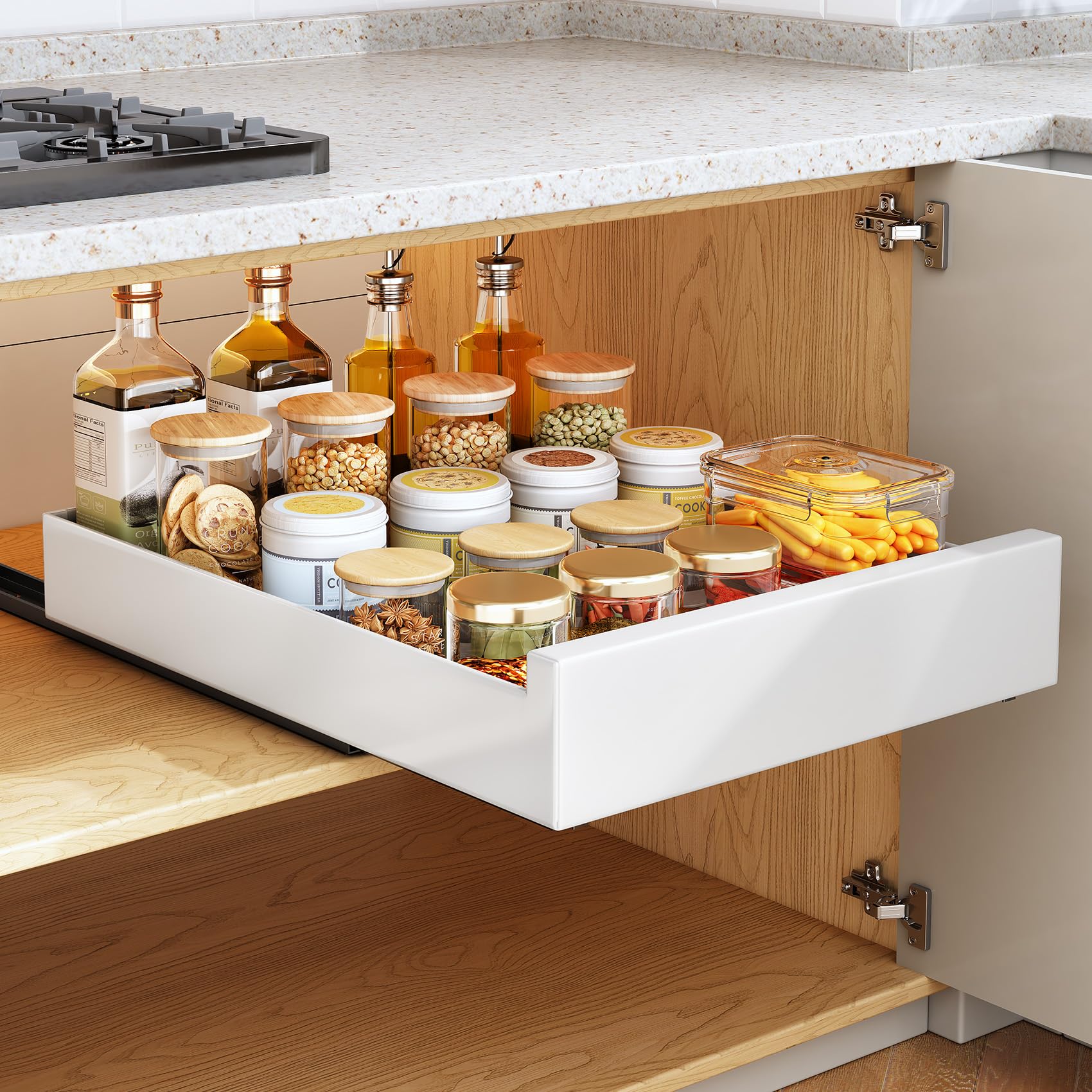 SAYZH Pull Out Cabinet Organizer, Slide Out Drawer Storage Shelves for Kitchen Cupboard, Roll-Out Extendable Sliding Drawer, (43 CM Depth x 40 CM Width x 9CM Height), White