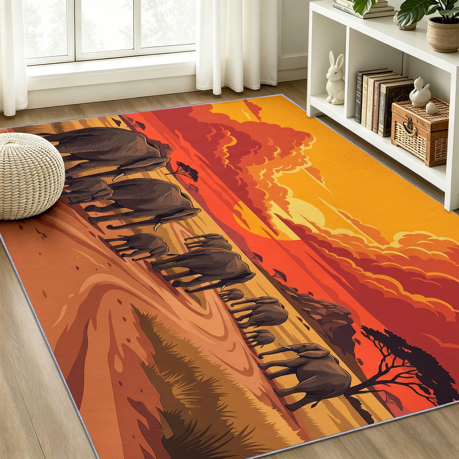 Tapiss 60 x 110 cm, Tapis Antidérapants Afrique Coucher Soleil Faune Sauvage Éléphant Courts pour Bureau Salle de Bain Salle à Manger, Paysage Naturel Orange Jaune Chambre Descente De Lit Carpet