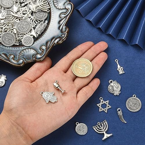 Miniatura 3 de KitBeads 100 piezas de 10 estilos de dijes judíos tibetanos de la mano judía de Fátima, dijes de religión de San Judas de la estrella de David judía