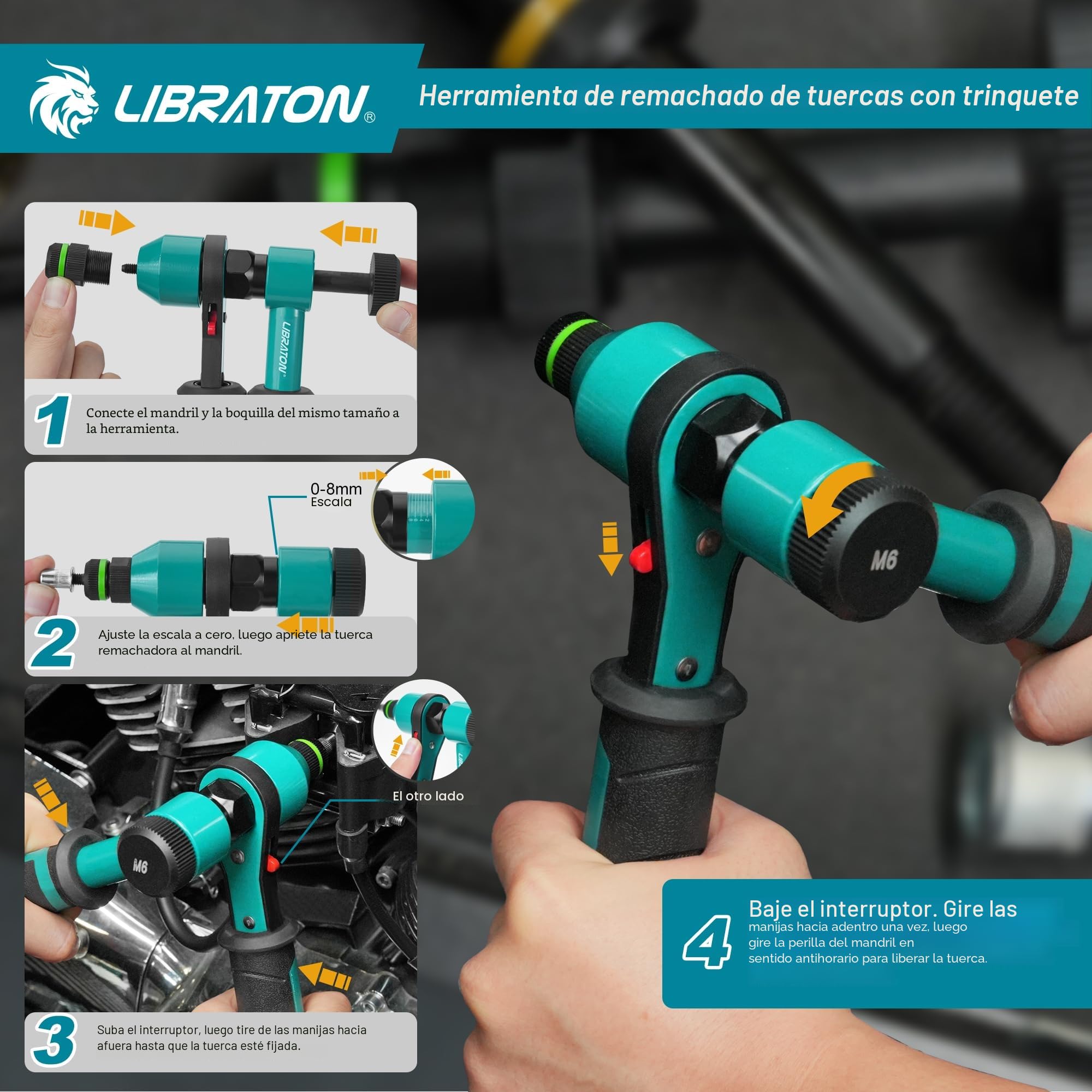 LIBRATON Remachadora de Tuercas, Remachadora de Tuercas Profesional con Trinquete, Pistola de Remachadora Manual con 5 Mandriles Métricos, 5 Boquilla de Tuerca, 50 Piezas Tuercas Remachables, Caja