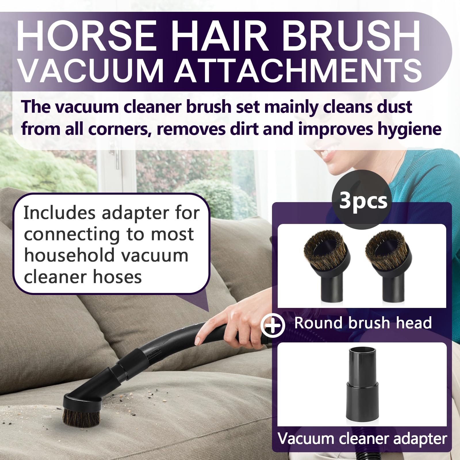 Horse Hair Brush Vacuum Attachments - 3 Pack -2 Horse Hair Brush Vacuum Attachments - 3 Pack -2