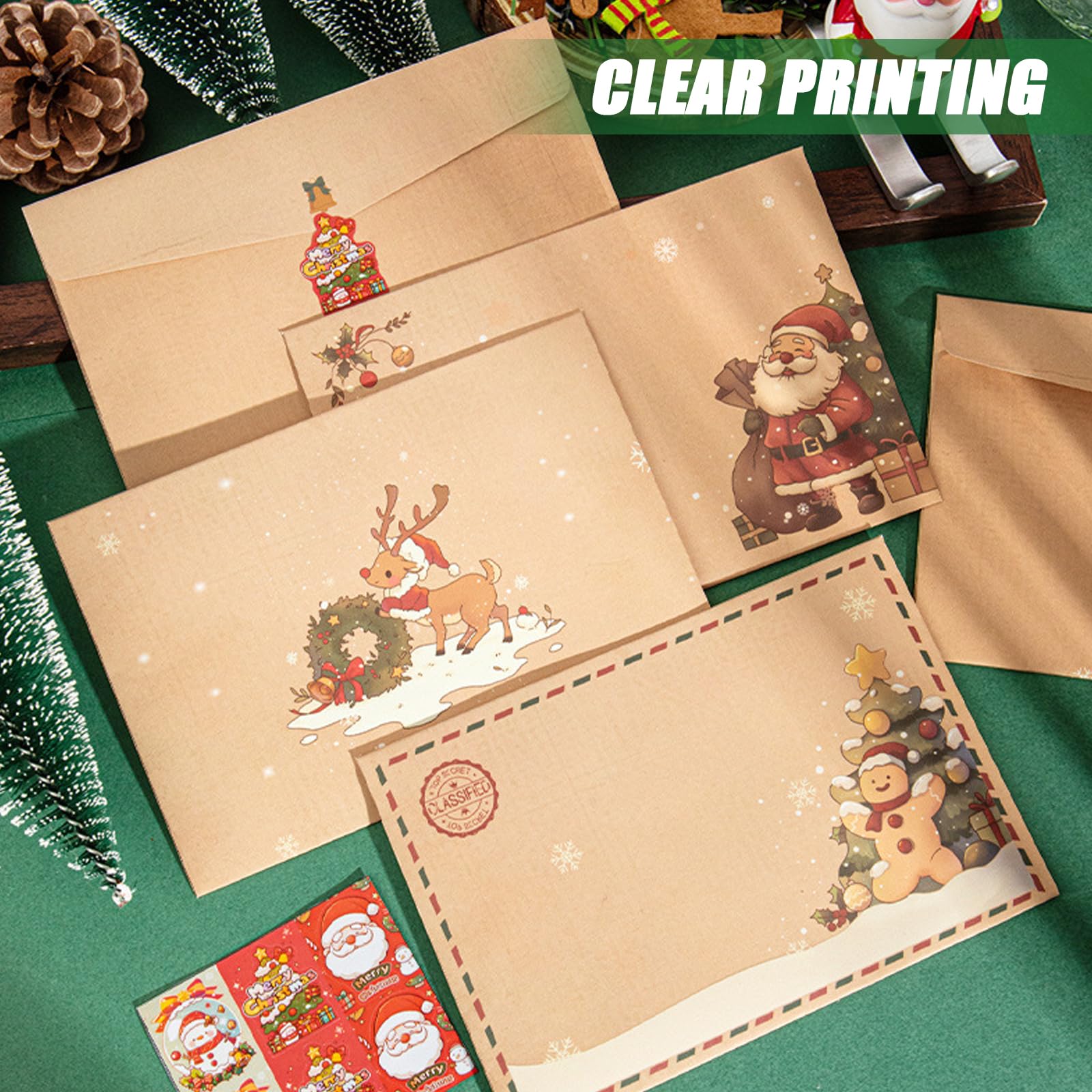 120 Pcs Christmas Writing Papers and Envelopes Set Xmas Vintage Stationery Paper Stationery Paper Letter with Envelopes, 60 Sheets Xmas Holiday Paper+30 Kraft Festive Fun Envelopes+30 Stickers - Image 4