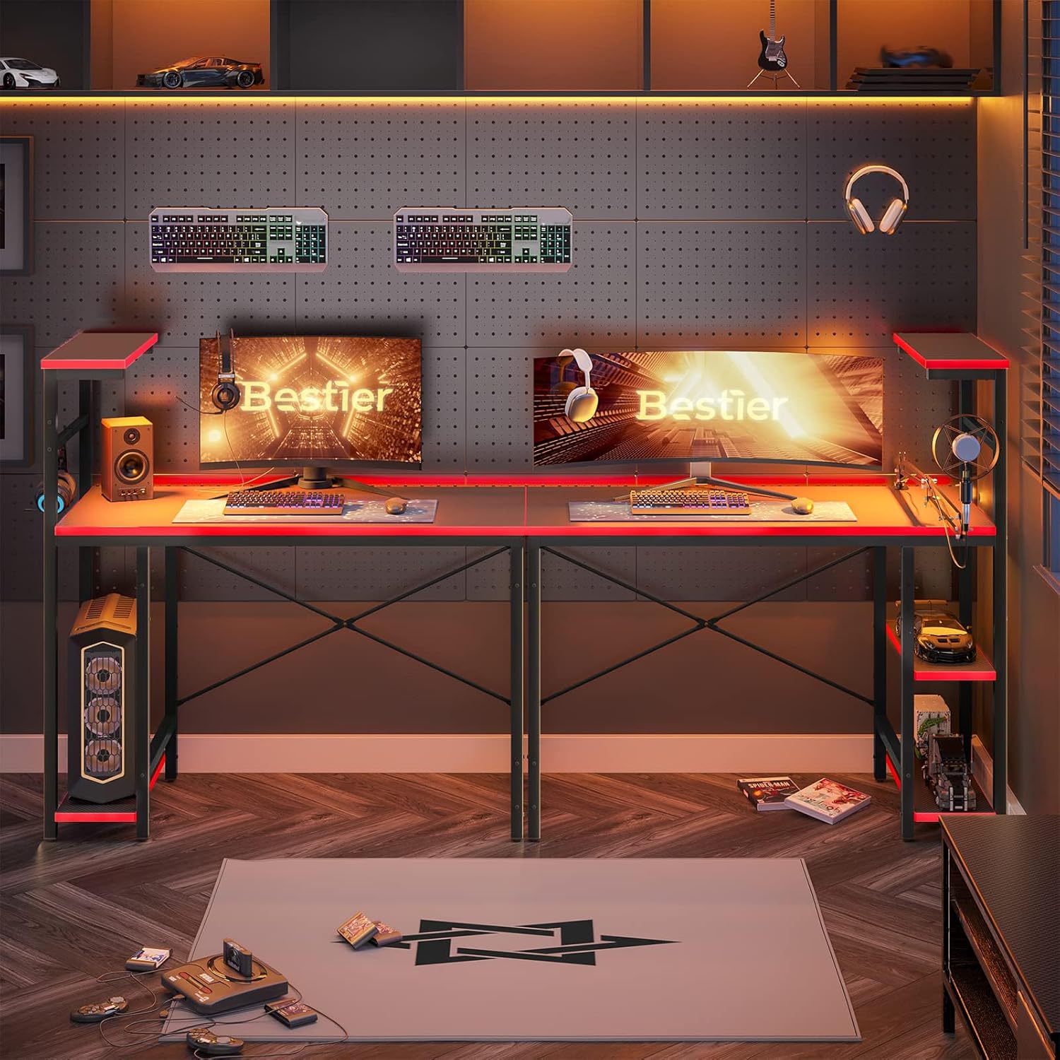 817OvcXMfVL._AC_SL1500_ Bestier Gaming Desk with LED Lights, 44 Inch PC Gamer Desk for Small Spaces, Computer Desk with Reversible Storage Shelves & Side Storage Bag (Black 3D Carbon Fiber)