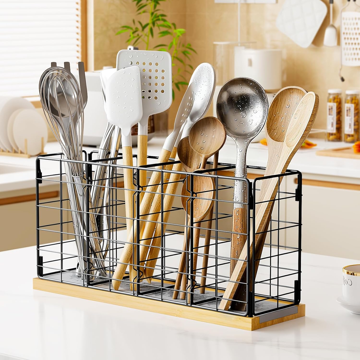 NiHome Metal Kitchen Utensil Holder with Diatomaceous Earth Base, Fast Drying & Odor Control, Large 4-Compartment Utensil Caddy for Spatulas, Tongs, Whisks, Rustproof Organizer with No Scratch Bottom