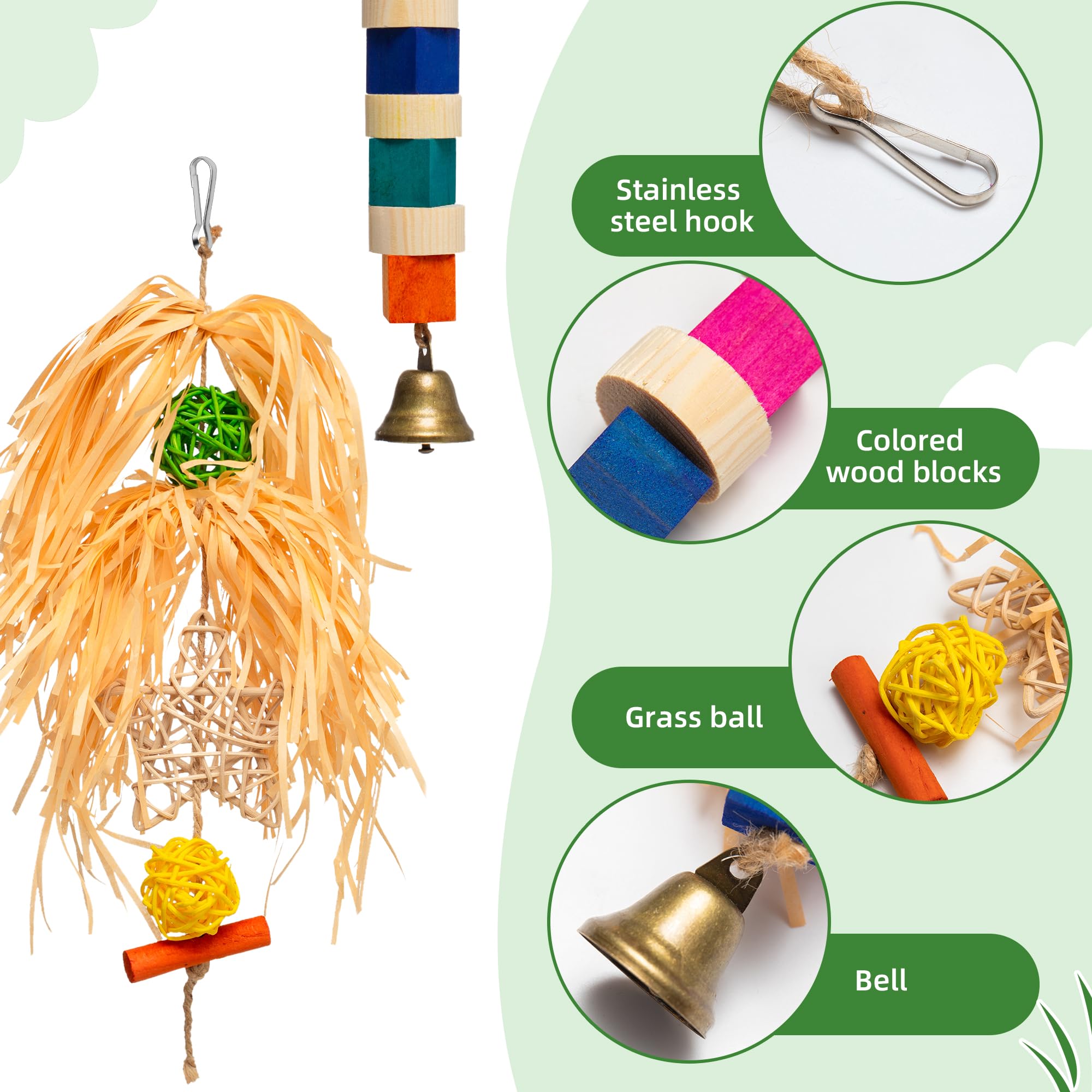 4-in-1 Hanging Bird Toy Set - Raffia Chew Balls, Wood Blocks & Bells for Foraging - Small Parrot Cage Toys for Conures, Lovebirds Under 150g (30-Day Play Guarantee) - image 4