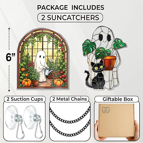 Miniatura 6 de 2 bonitos atrapasoles de decoración de Halloween, espeluznantes lindos fantasmas colgantes de ventana, fantasma con gato negro, adornos de calabaza