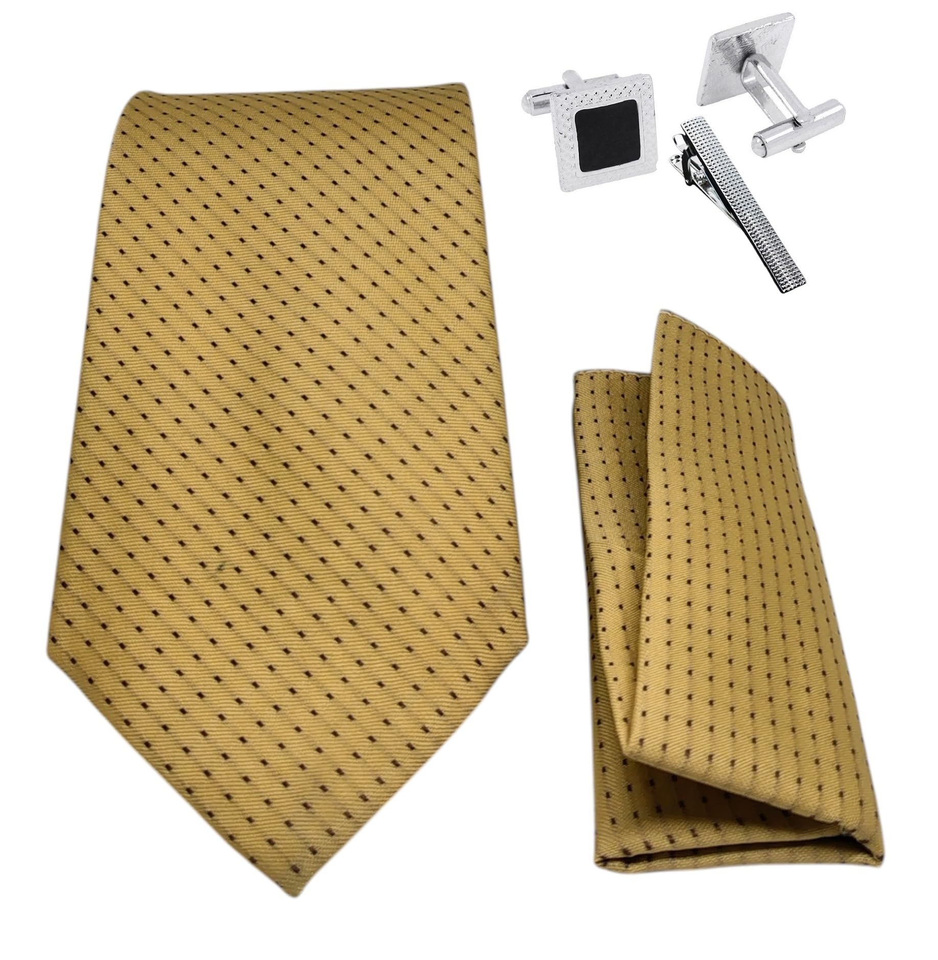 FashMade Premium Italian Silk Tie, Pocket Square with Square Brass Cufflinks & Silver Honeycomb Tie Pin Combo in Leather Gift Box for Men – Formal & Wedding Set tp-34-image-43