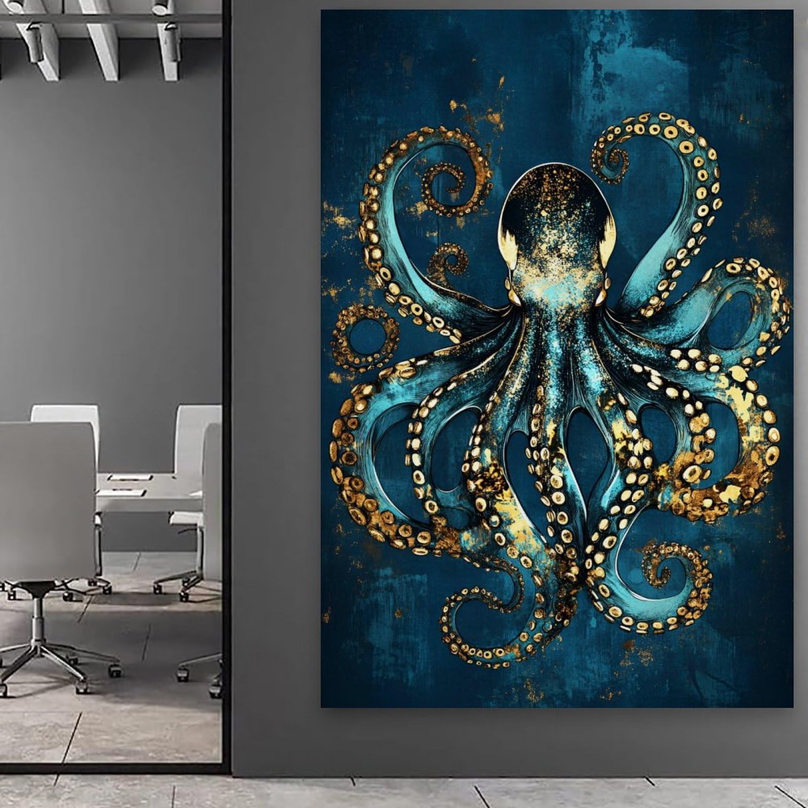 Séa Lifé inspiriertes abstraktes blau-goldenes Oktopus-Kunstwerk, elegante hängende Gemälde, Poster, Wandkunst für Wohnzimmer, Innendekoration, 60 x 90 cm