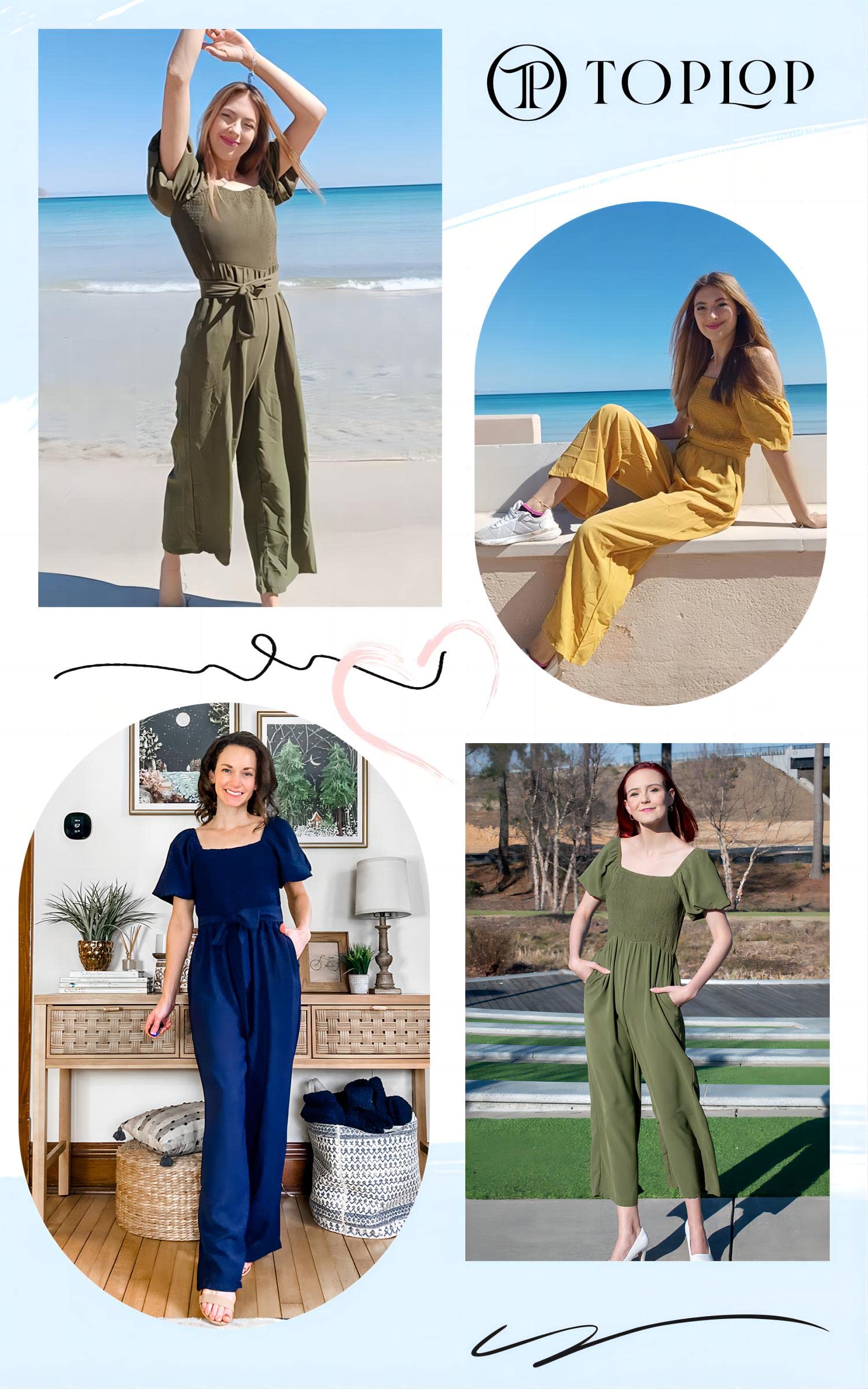 Mono elegante de verano para mujer, con escote cuadrado y cinturón, manga corta, mangas abullonadas, pernera ancha