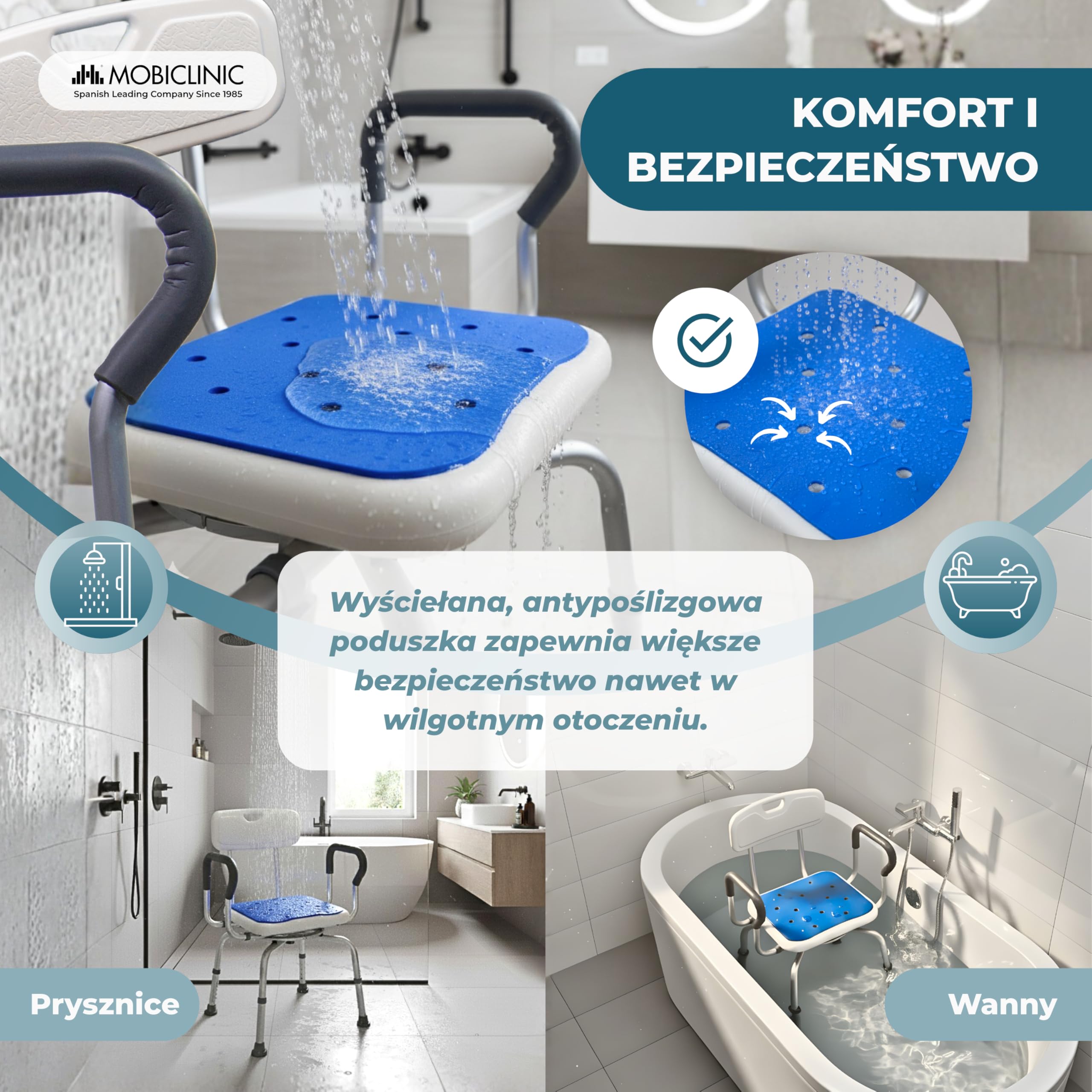 Mobiclinic®, Krzesło do Wanny Obrotowe 360°, Podłokietniki i Oparcie, Regulowana Wysokość, Siedzisko z Podkładką EVA, Antypoślizgowe Nakładki, Aluminium, dla Seniorów, Ograniczona mobilność, Akila