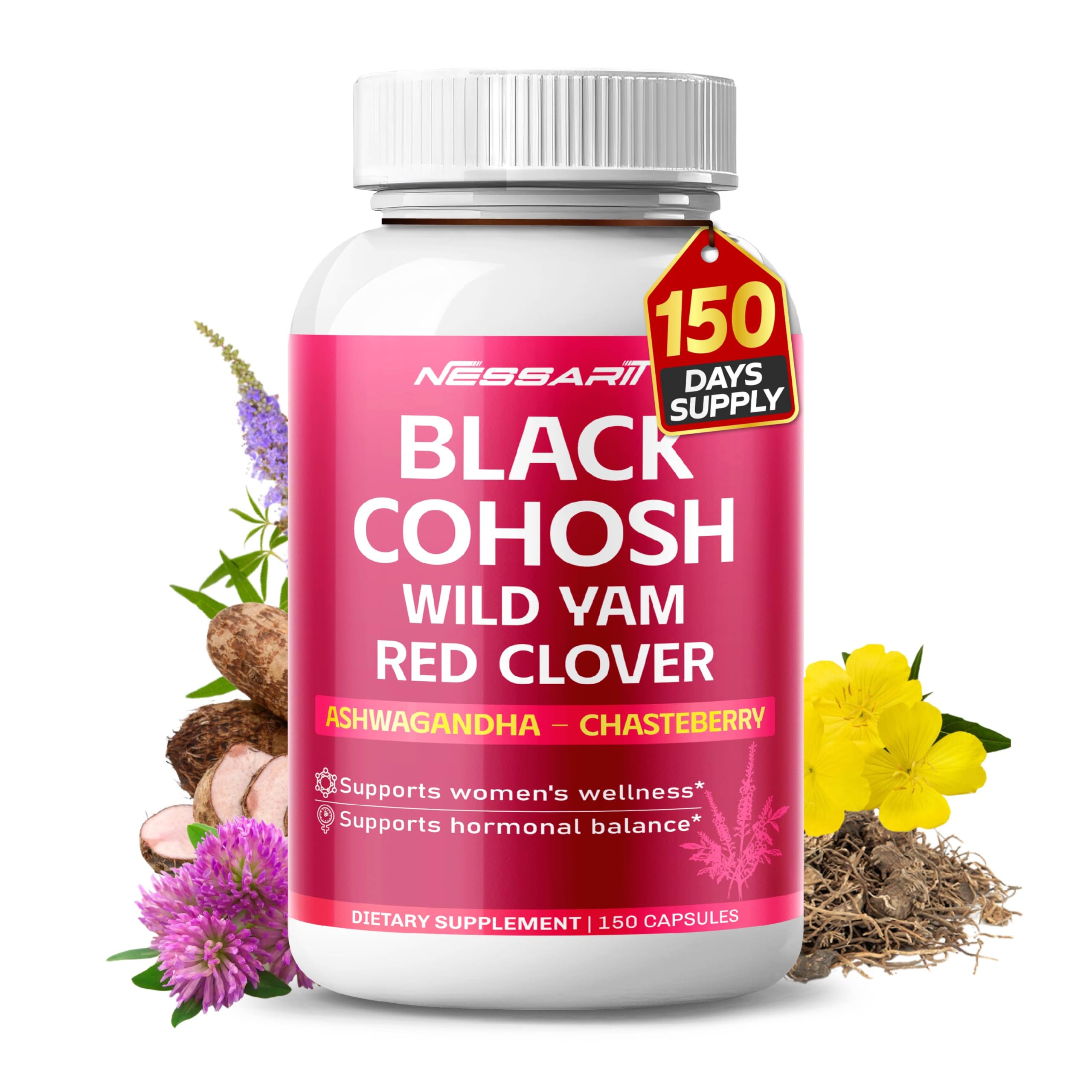 Black Cohosh 9,600mg* – Hormonal Balance Support with Wild Yam, Red Clover, Ashwagandha, Chasteberry & More – 150 Capsules