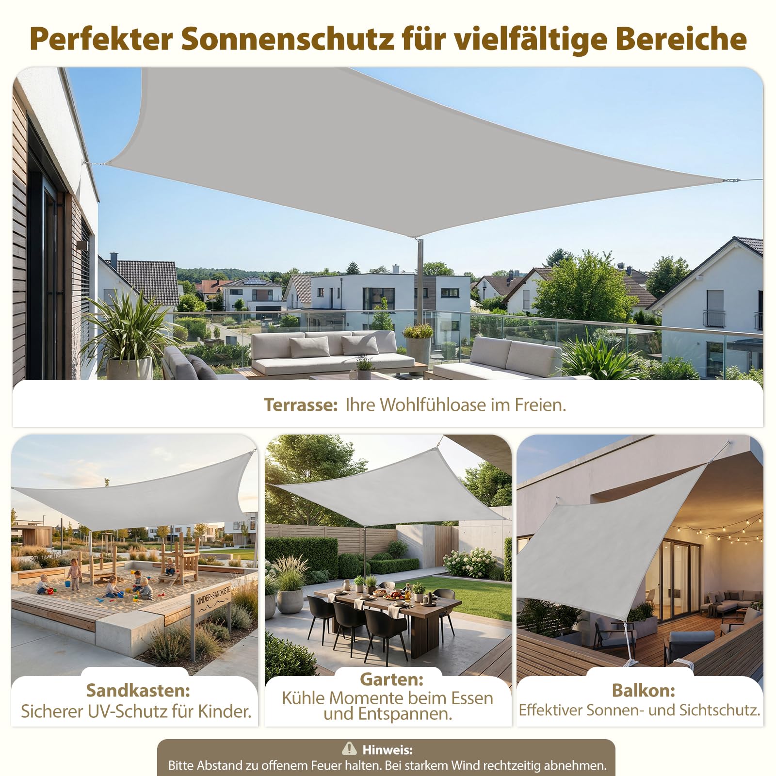 Sekey Sonnensegel Wasserdicht 2x3m Rechteckig mit Edelstahl Befestigungs Kit PES Polyester, Sonnenschutz 95% UV Schutz Windschutz Reißfest Wetterfest, für Balkon Garten, Hellgrau