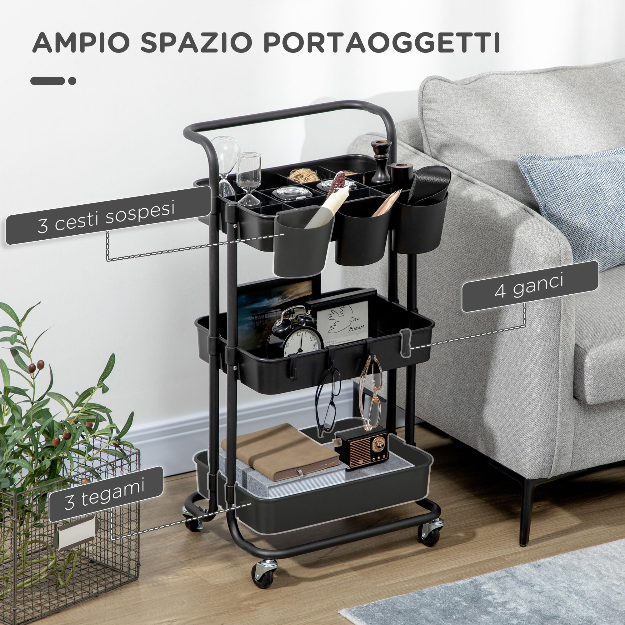 HOMCOM Carrello da Cucina Multiuso a 3 Livelli con Cestini e Ganci Rimovibili, Carrello Multiuso con Cestino con 12 Divisori per Soggiorno, Ufficio e Lavanderia, Nero
