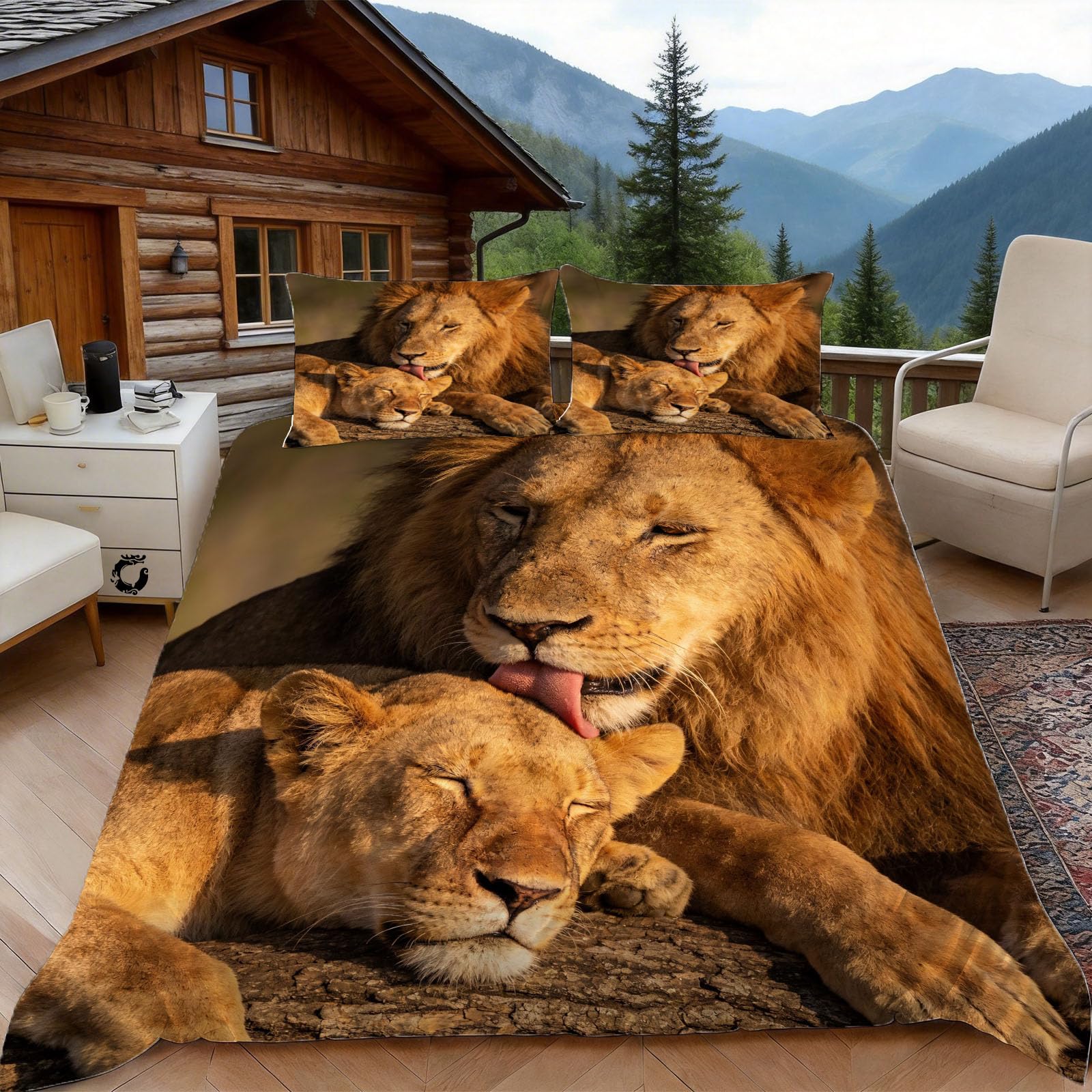 3D Double Duvet Set 3D Printed African Lion Bedding, Animal Companion Soft Microfibre Duvet Cover Sets Quilt Cover and Pillow Set with Zipper 3 Pcs