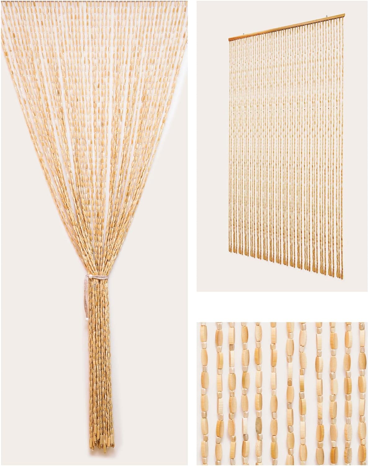 Bamboo Curtains for Doorways -35.4"x79"- 52 Strands,Handmade Beige Wood Beaded Curtains with Bohemian Room Divider Beads-As Insect Screen-Perfect Wood and Bamboo Beaded Curtains for Doorways